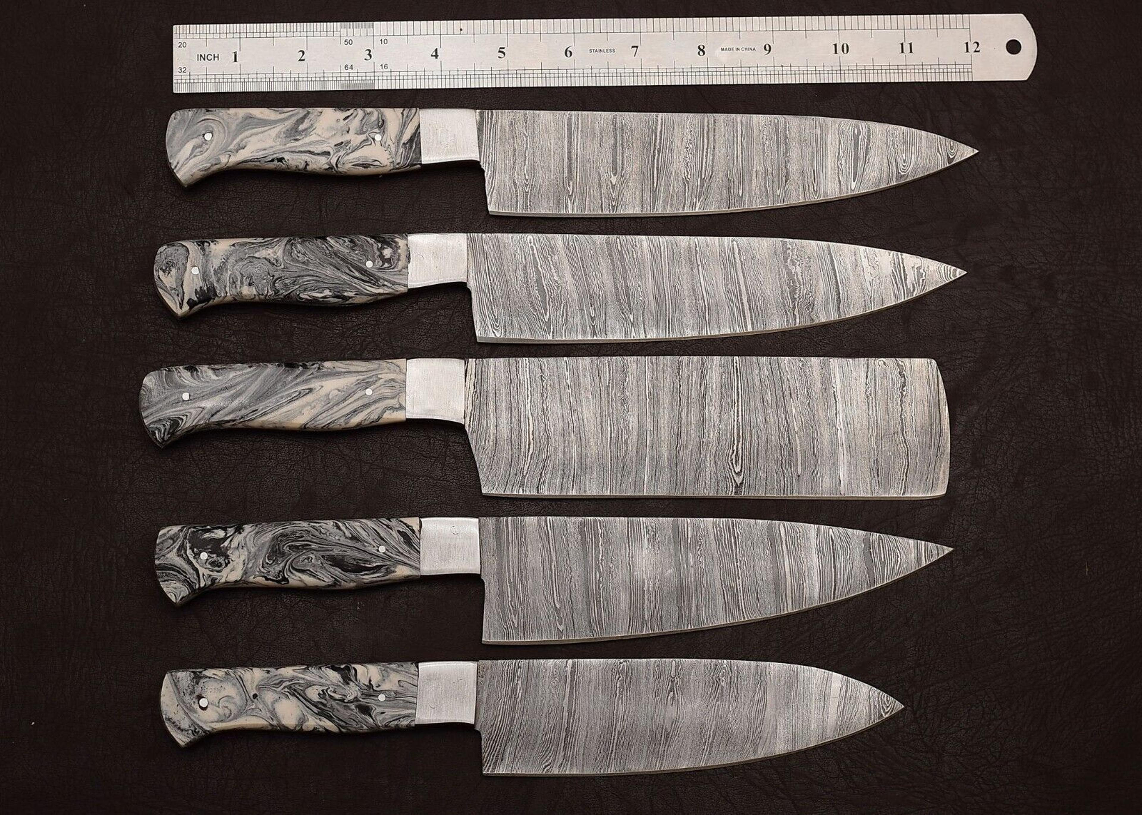 handmade damascus steel 5-piece outdoor kitchen chef knife set with resin art handle & leather sheath