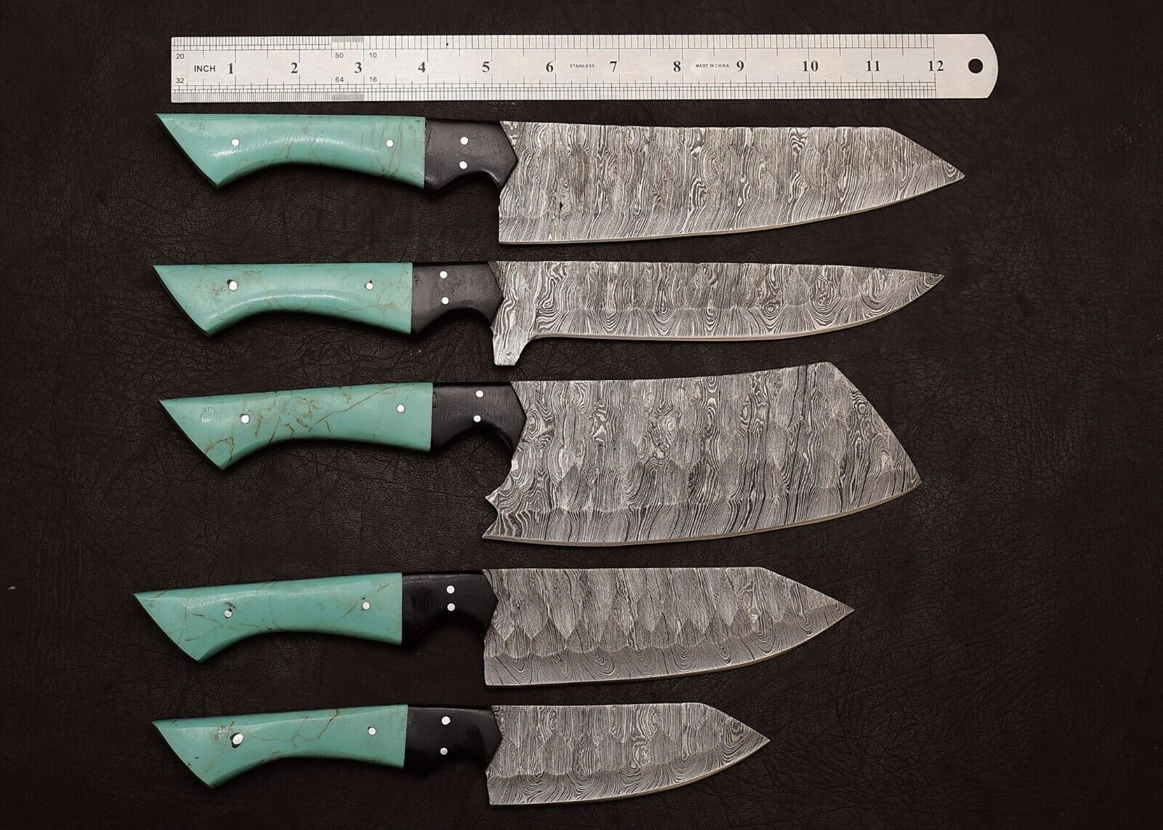 handmade damascus steel outdoor kitchen chef knife set 5 pcs with resin art handle & leather sheath
