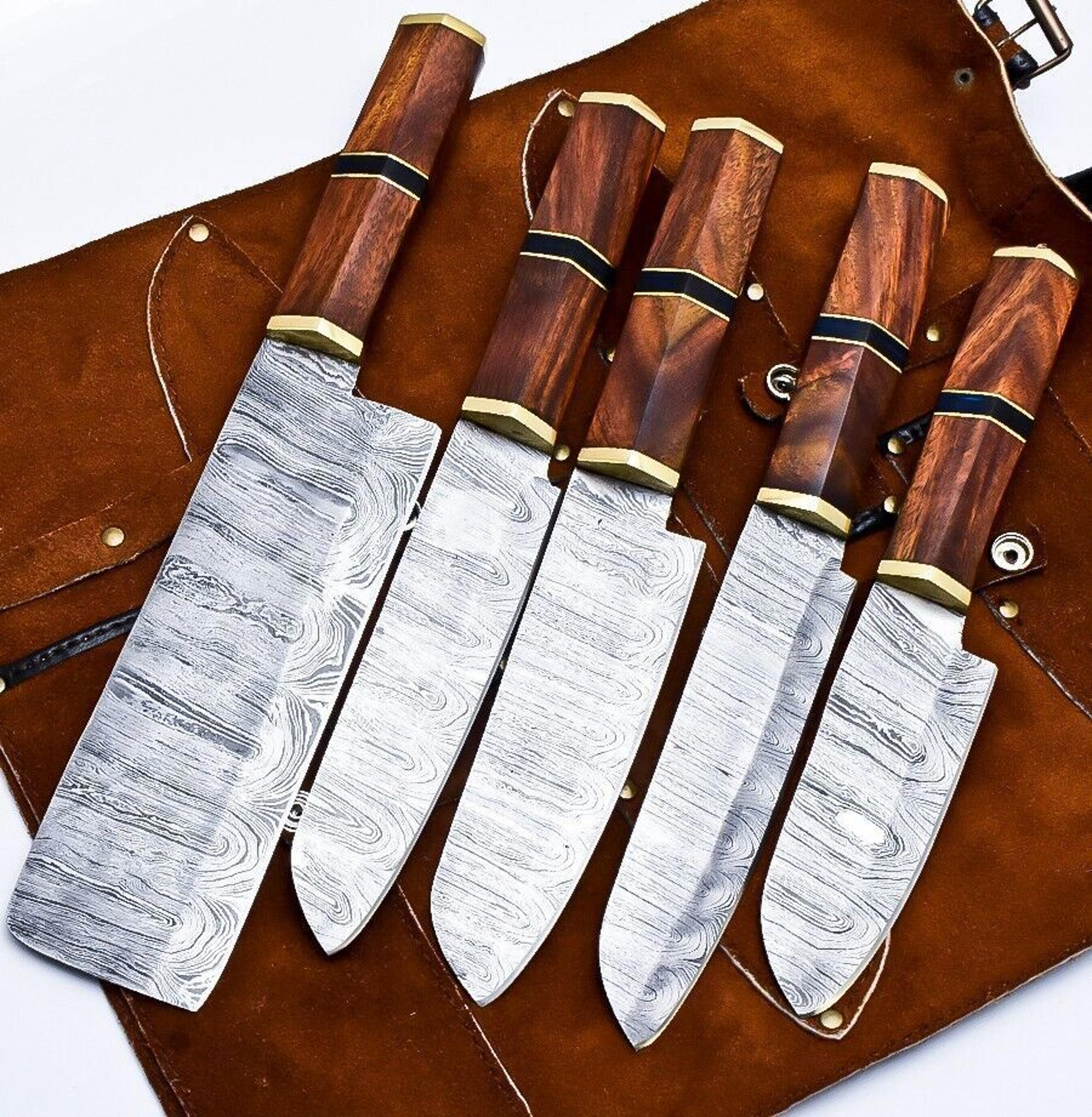 entire world handmade damascus steel kitchen chef knife set | lot of 5 with wood handle & leather sheath