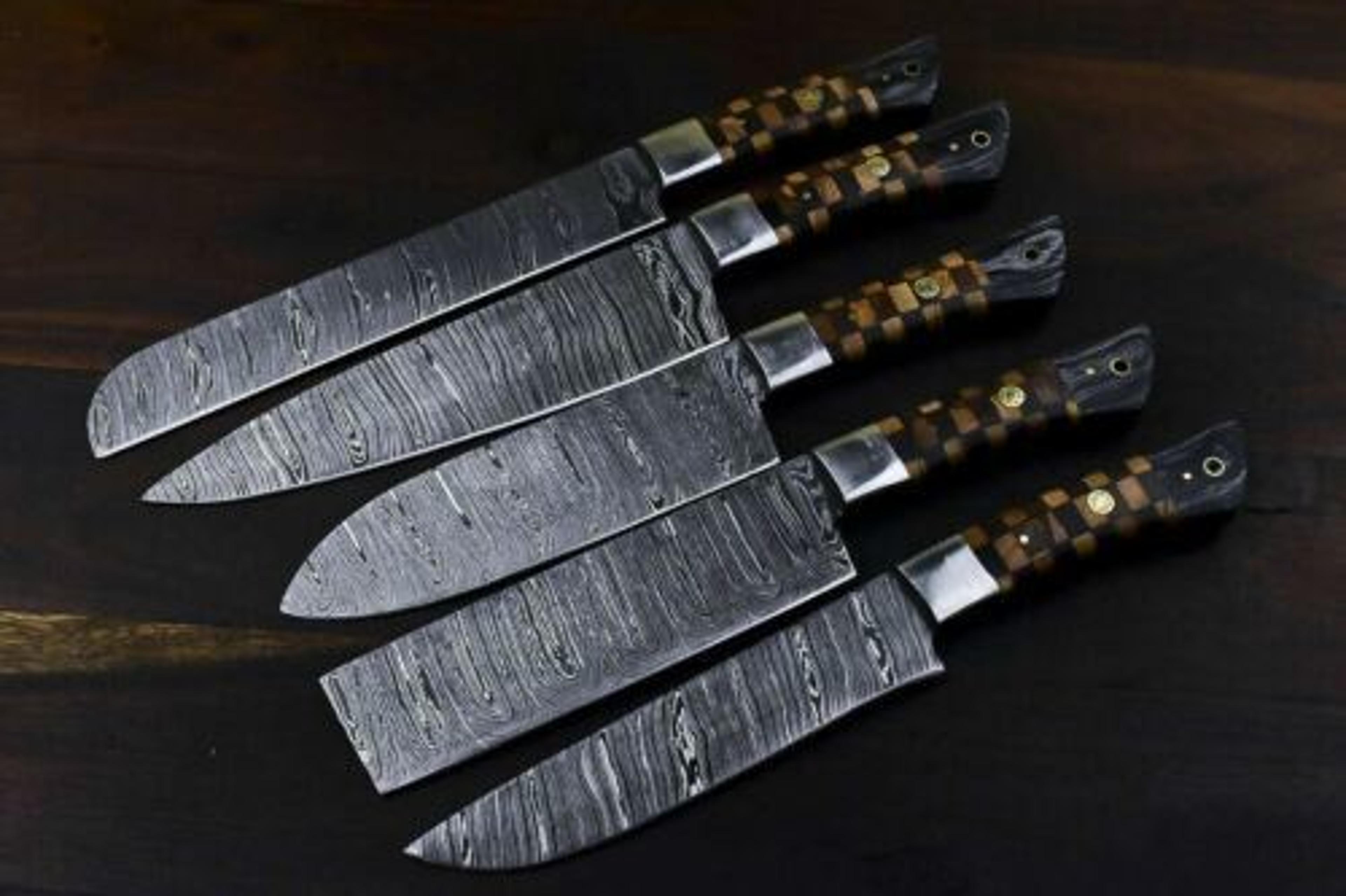 rare handmade damascus steel kitchen chef knife set | snake wood handle with custom walnut wood & leather sheath