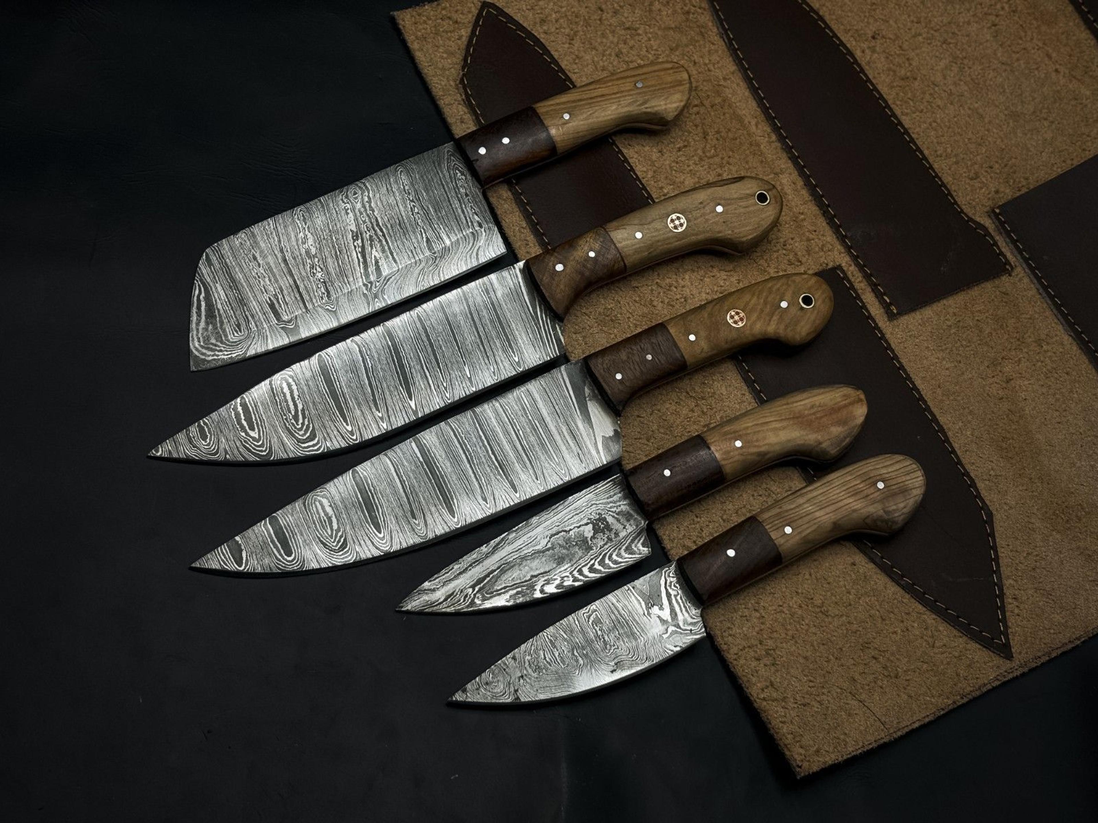 handmade chef knife set | damascus steel 5 piece kitchen & outdoor knives with wood handle, wooden bolster
