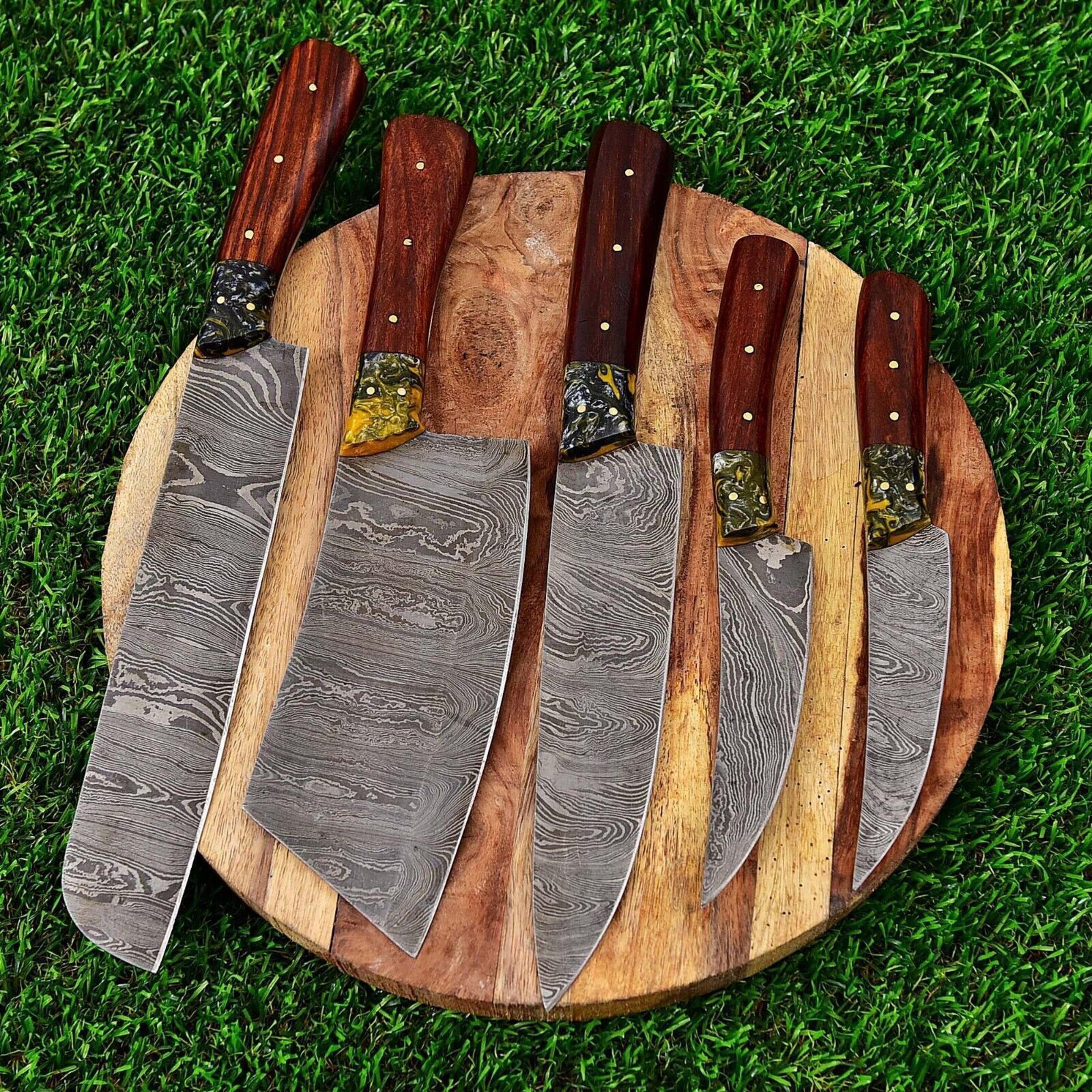 custom handmade damascus steel chef knife set | 5 pc kitchen knives with wood & acrylic handles + leather sheath