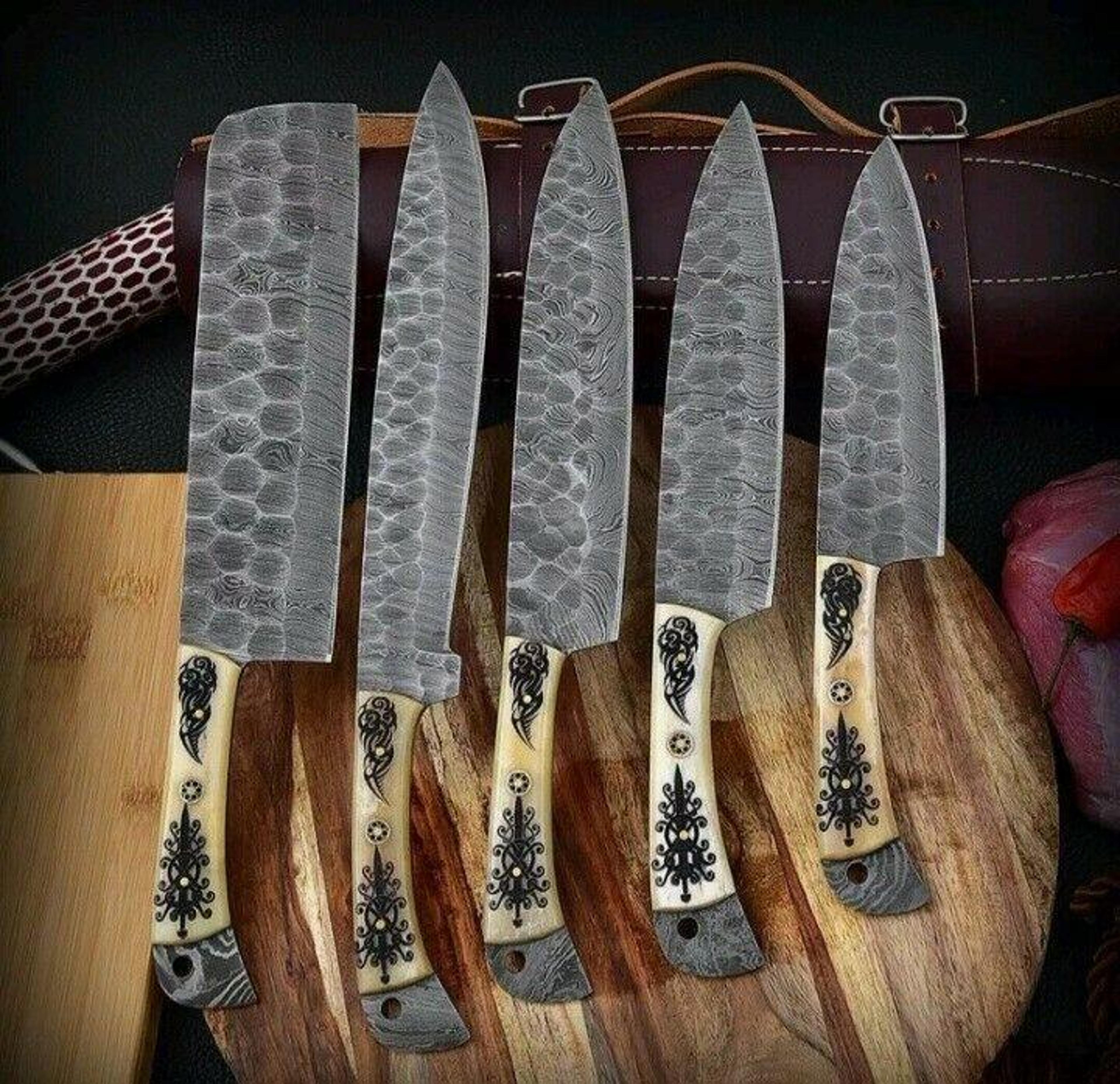 custom handmade damascus chef knife set with leather sheath | professional kitchen & outdoor cooking knives