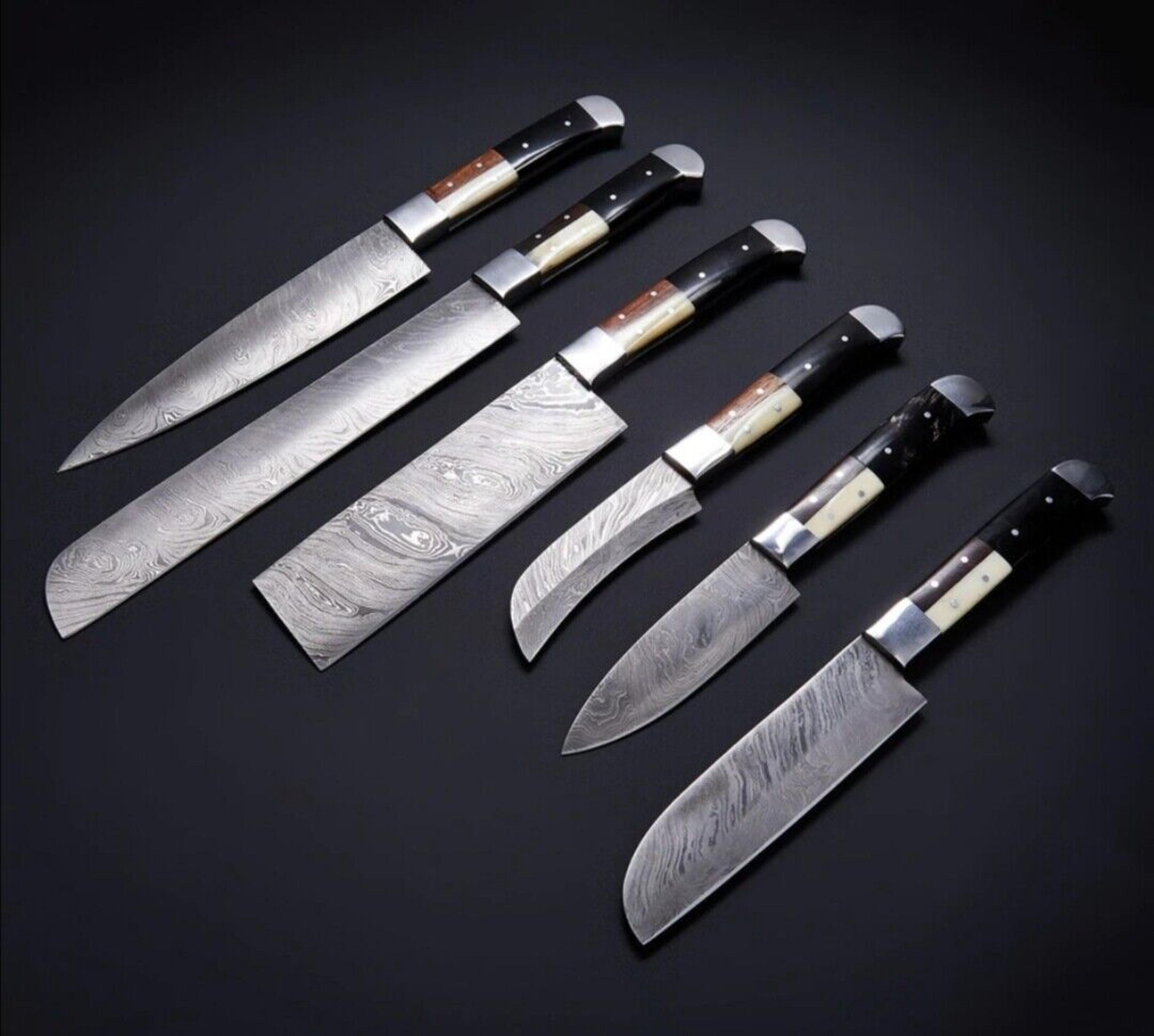 custom handmade damascus steel chef knife set | 6-piece kitchen knives with bone, horn & wood handles + leather roll