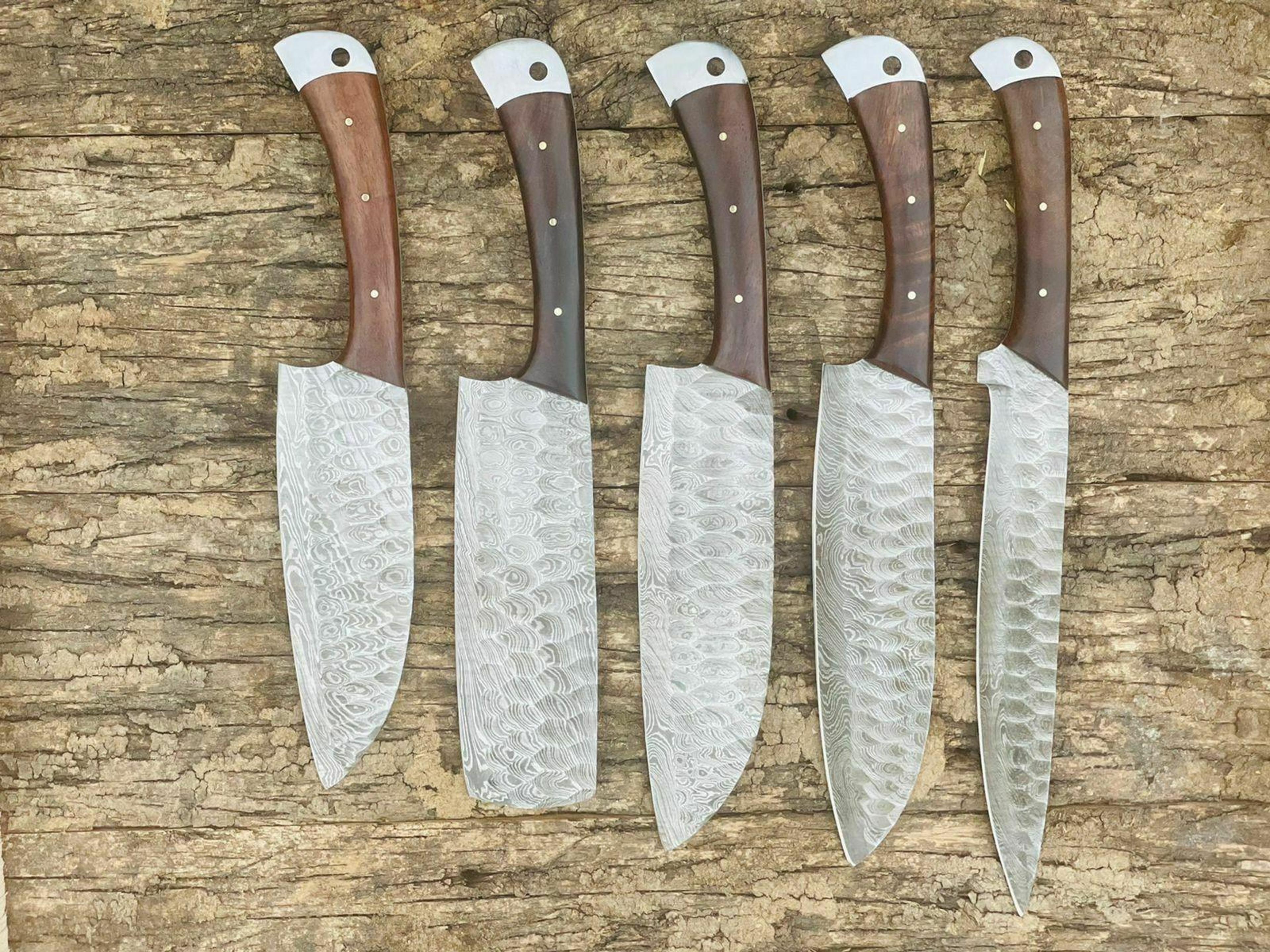 handmade forged damascus chef knife set 5 pcs | rosewood handle with leather sheath