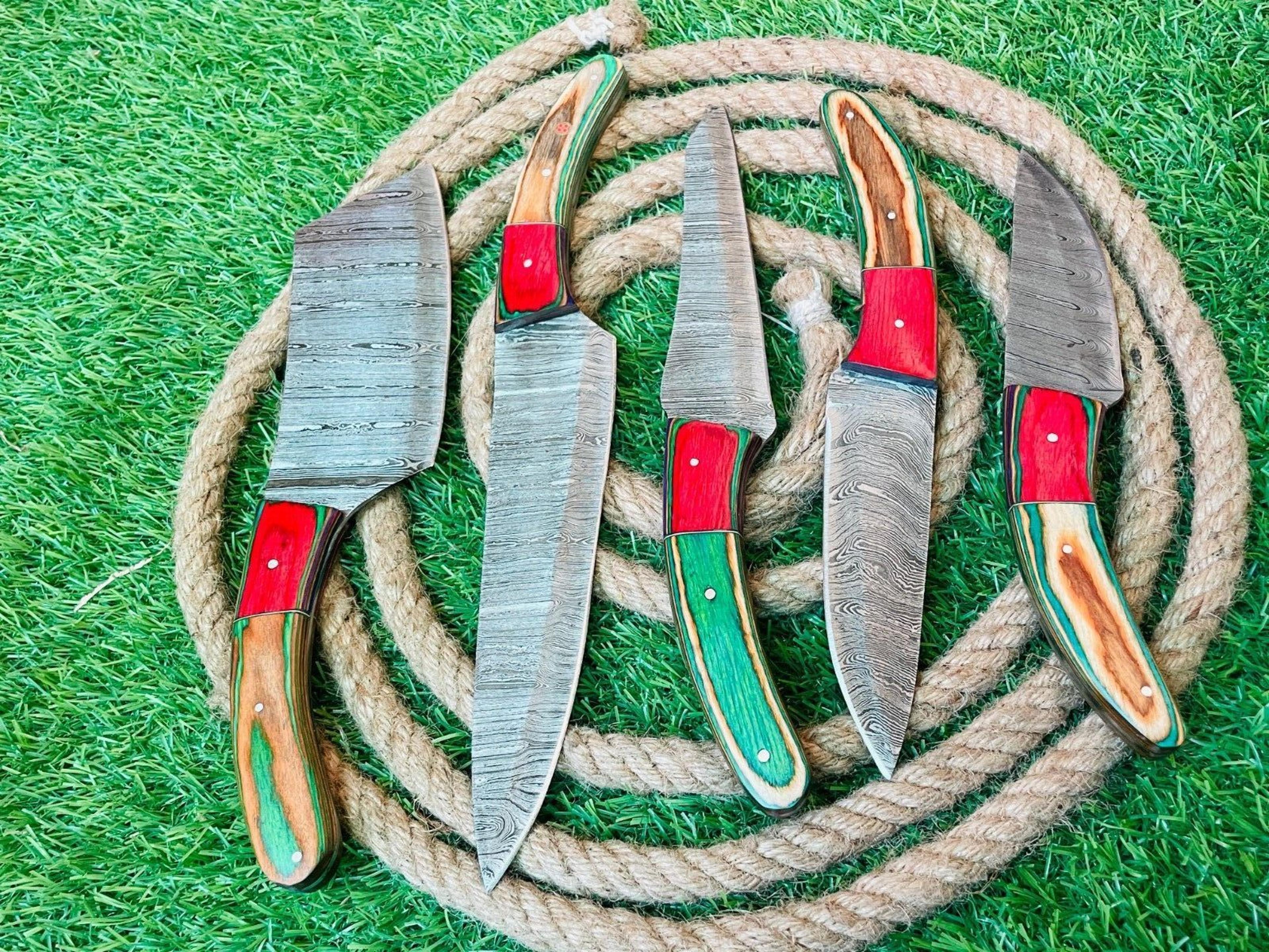 5-piece handmade damascus steel chef knife set | custom kitchen cutlery with wooden handles & leather sheath