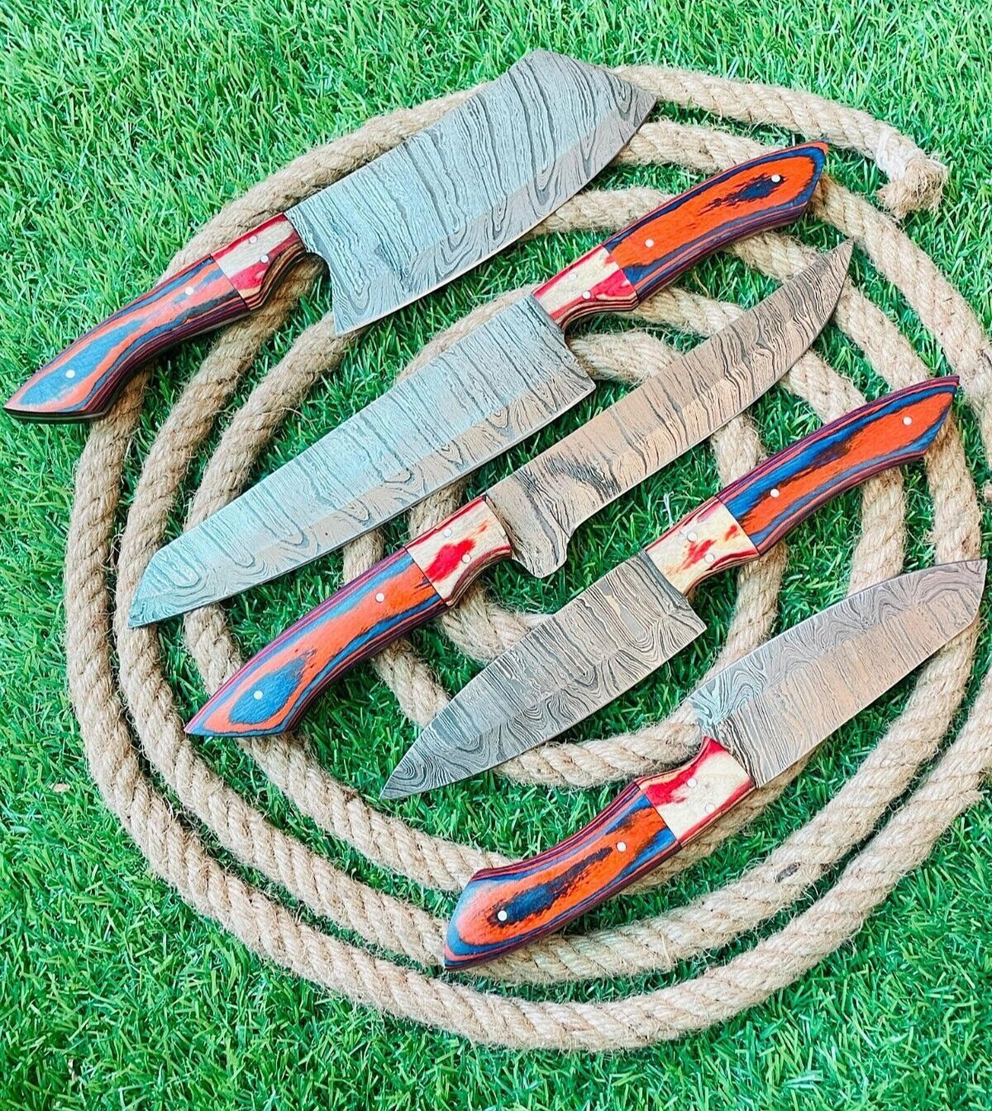 luxury 5-piece damascus steel chef knife set | handmade kitchen cutlery with wooden handles & leather case