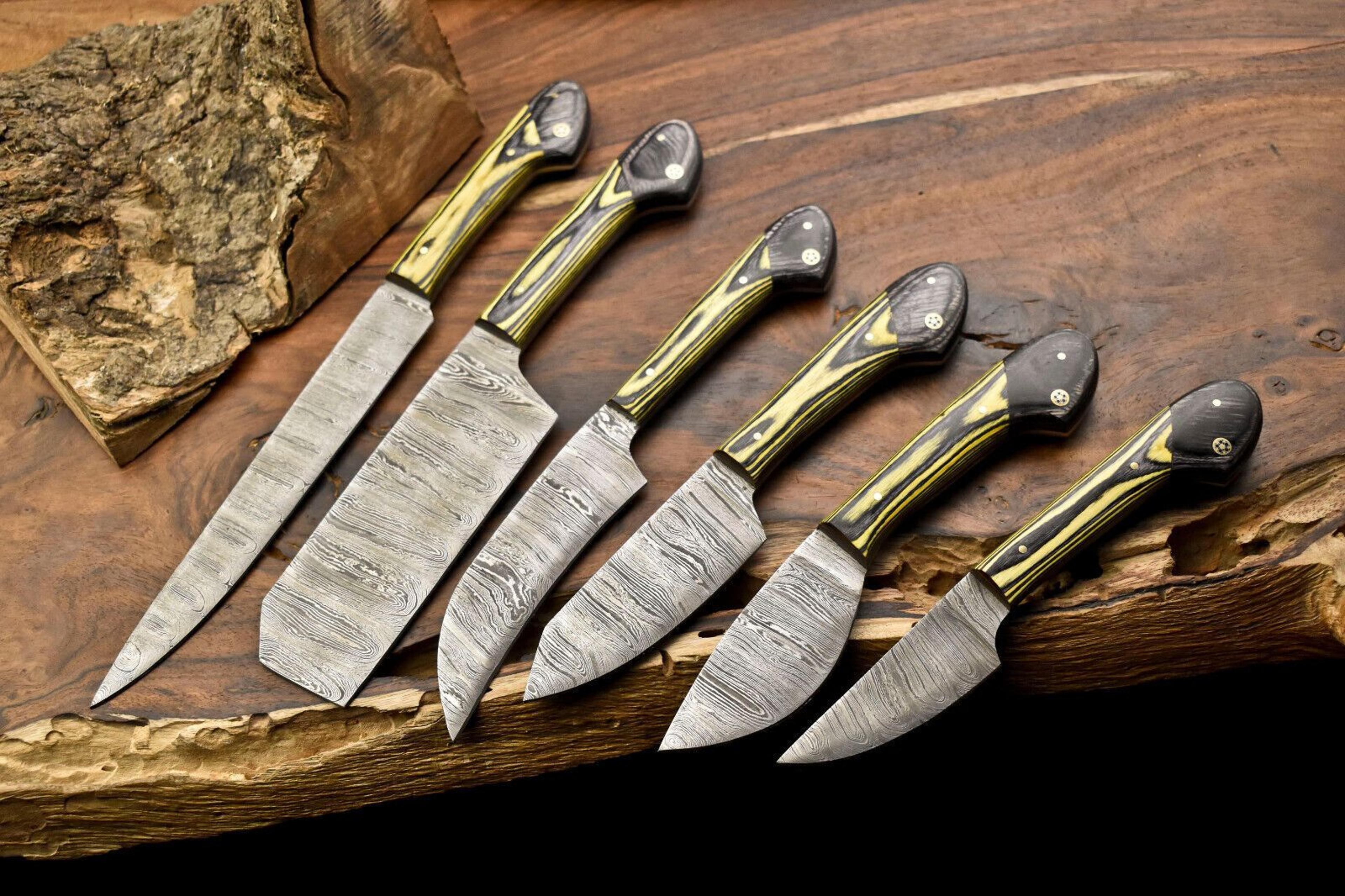 custom 6 piece damascus kitchen knife set – master chef quality knives, leather sheath