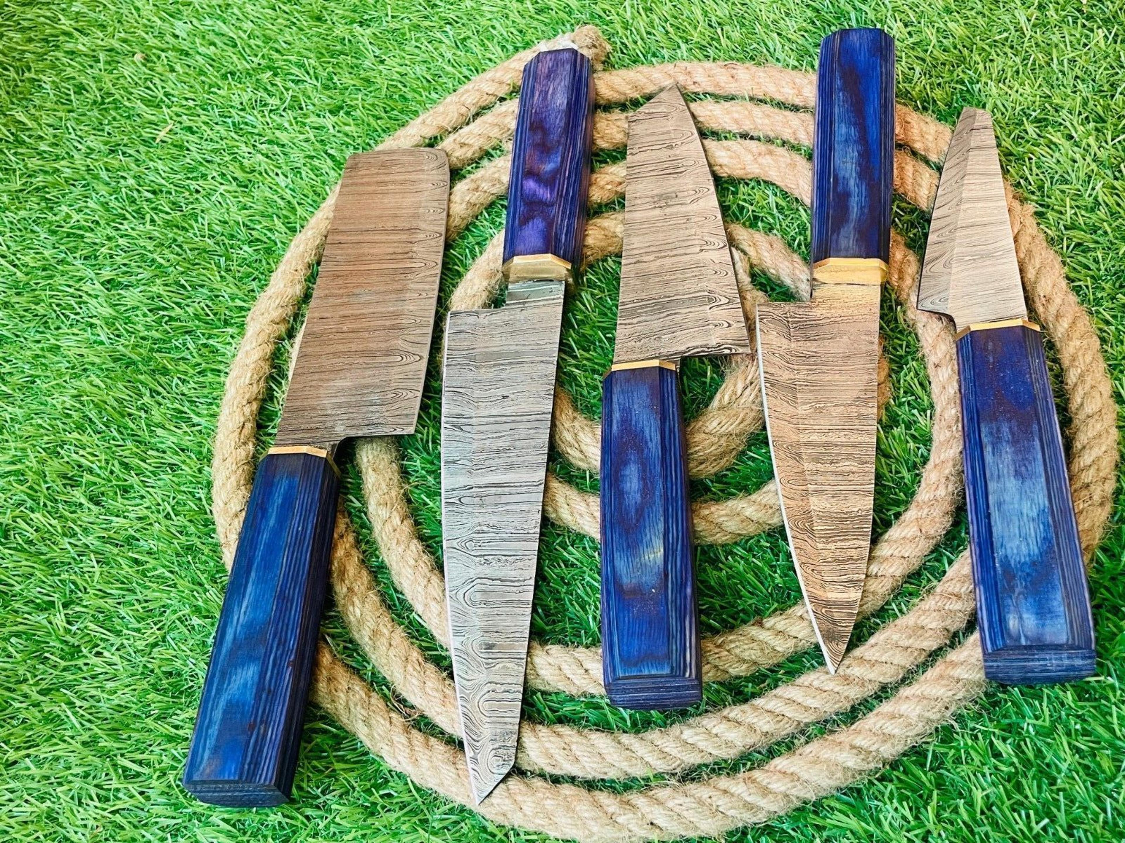 5-piece handmade damascus steel chef knife set | rat tail tang with wooden handles & leather sheath