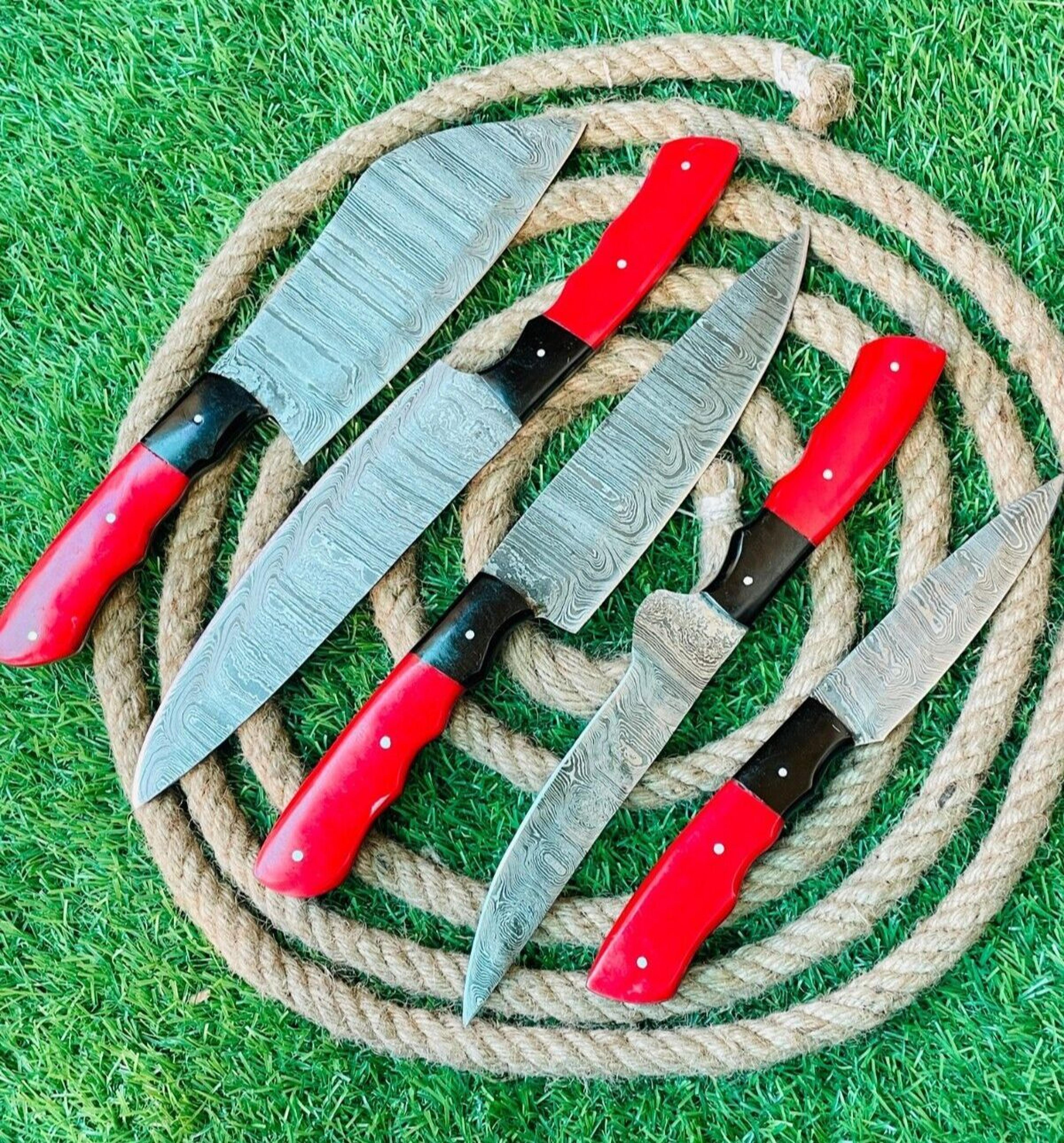 custom handmade damascus steel 5-piece chef knife set | wooden handles with leather bag | premium kitchen cutlery