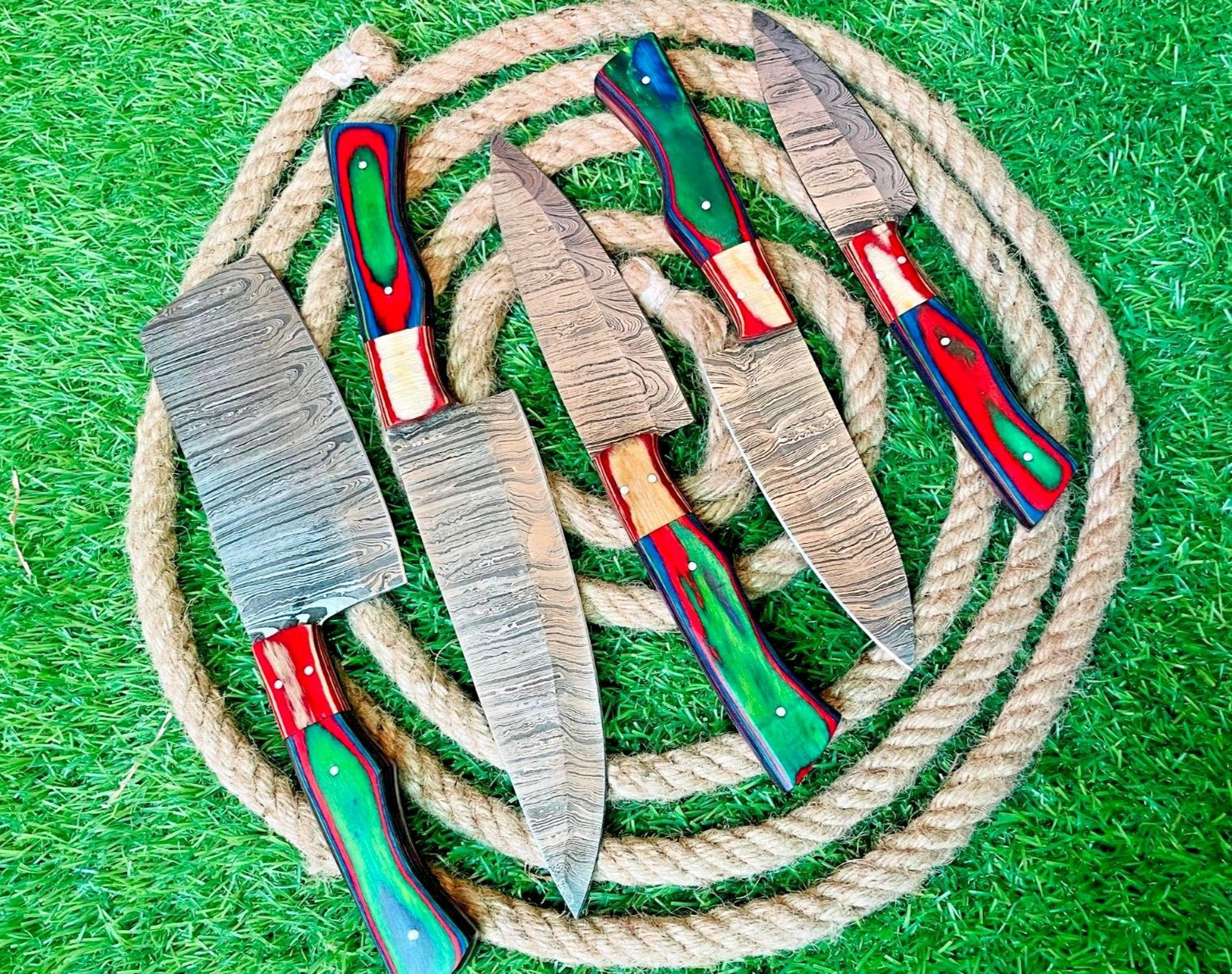 custom handmade damascus steel 5-piece chef knife set | wooden handles with leather bag