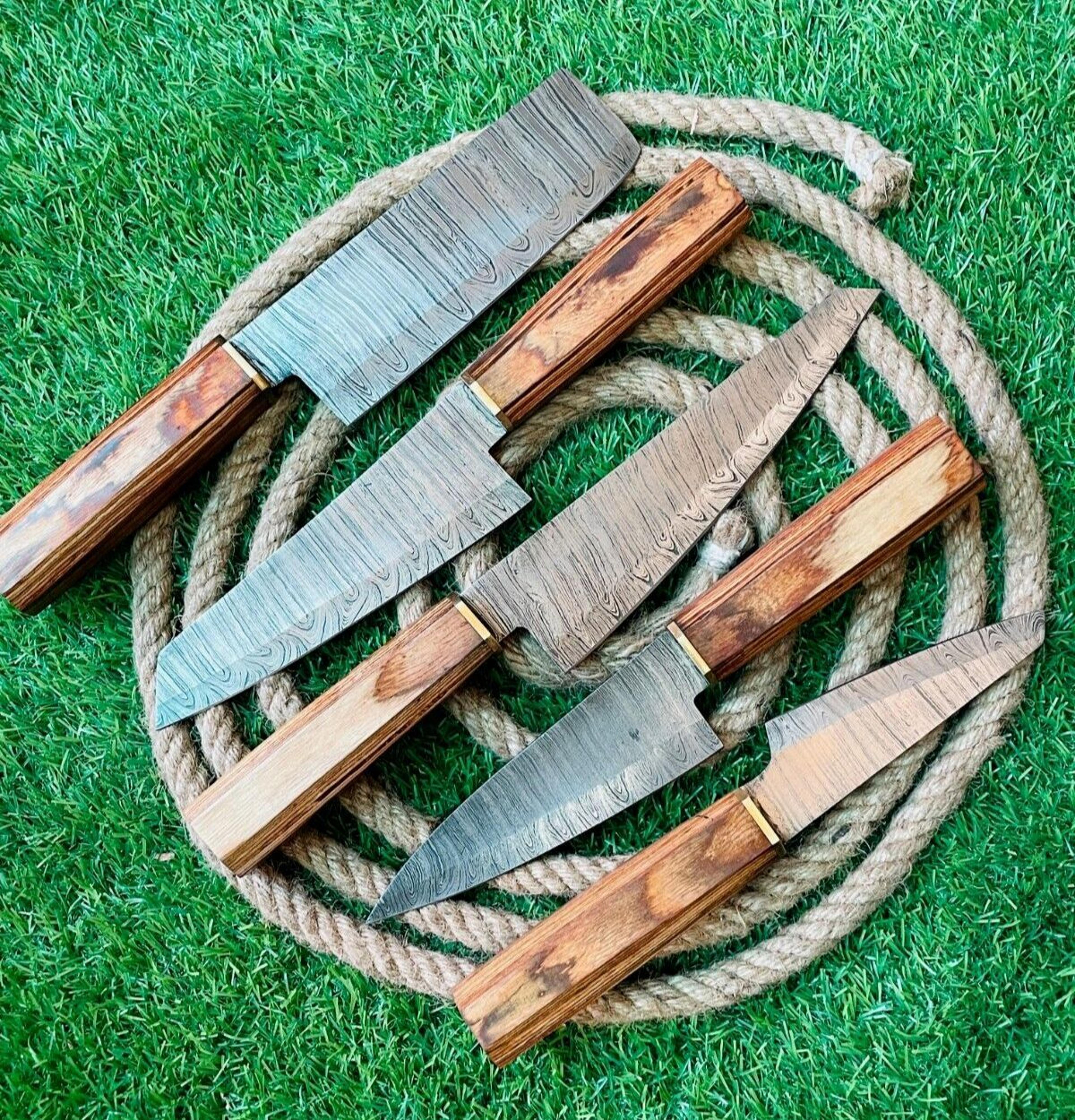 custom handmade 5-piece damascus steel chef knife set | rat tail tang with wooden handles & leather sheath