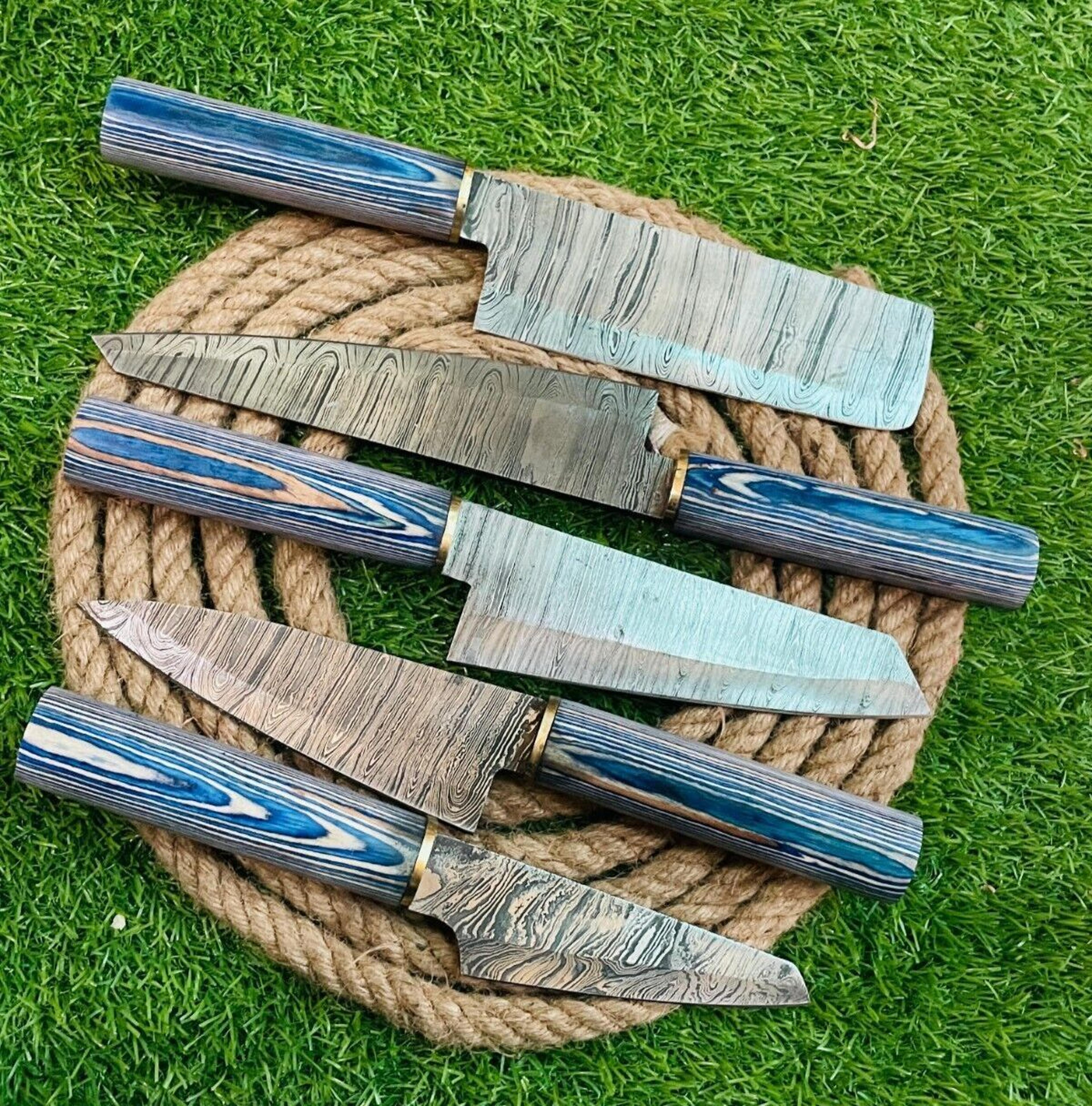 premium 5-piece handmade damascus steel chef knife set | rat tail tang with wooden handles & leather sheath
