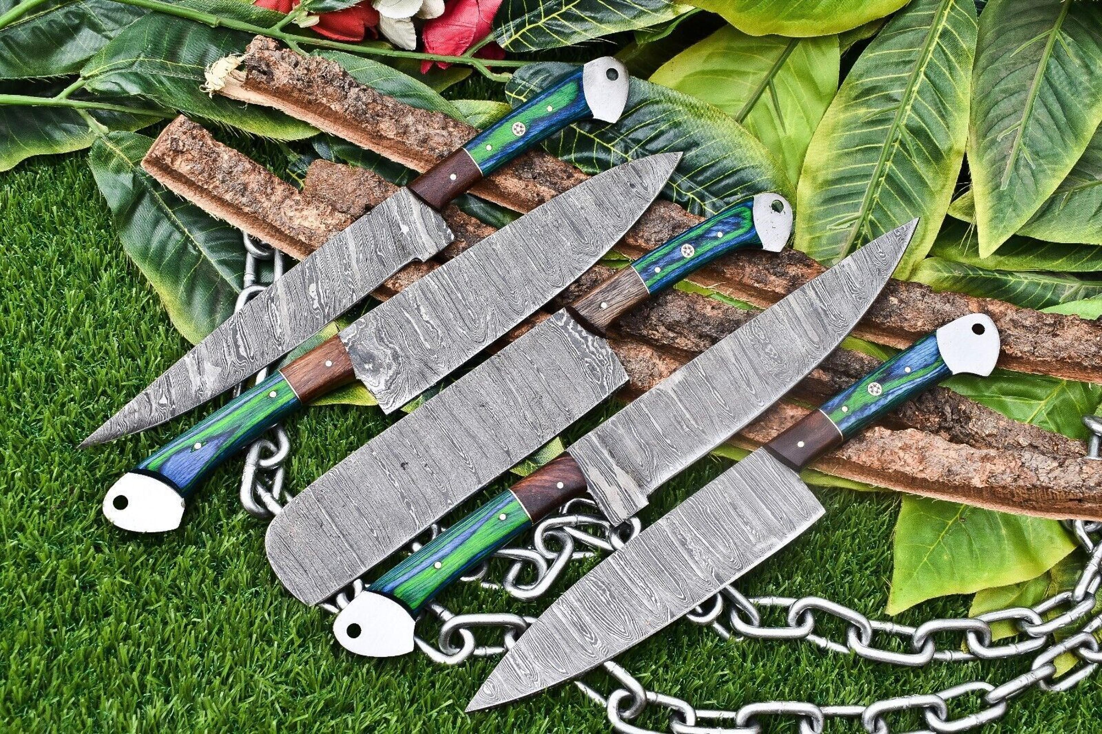 luxury 5-piece handmade damascus steel chef knife set | ergonomic wooden handles with rat tail tang & leather sheath