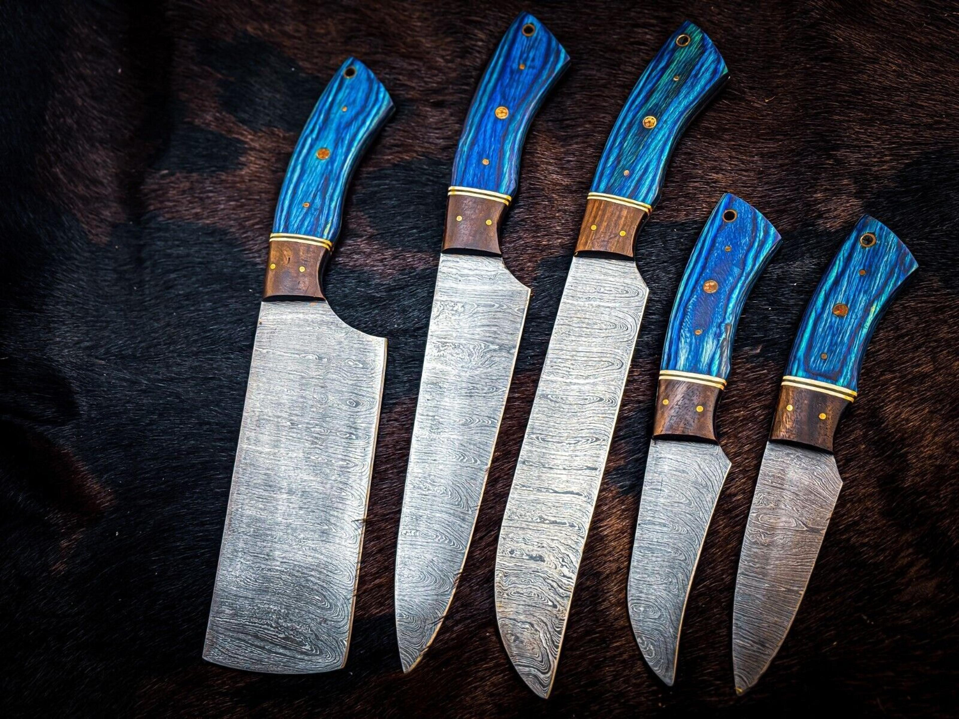 custom handmade damascus chef & hunting knife set | premium steel blades with custom handles & sheath