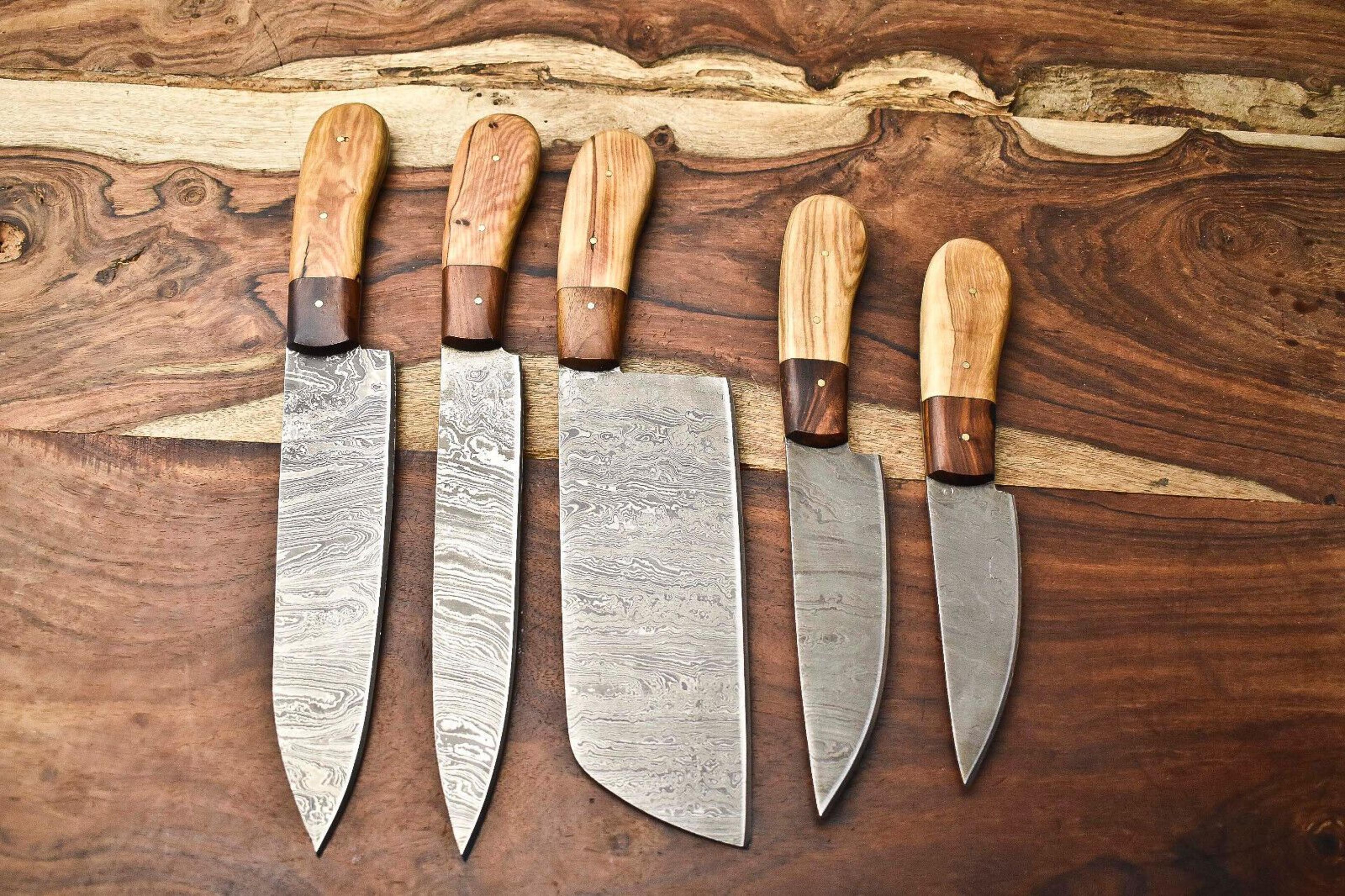 5 piece damascus steel knife set with leather roll – handcrafted chef knives, ideal kitchen gift set