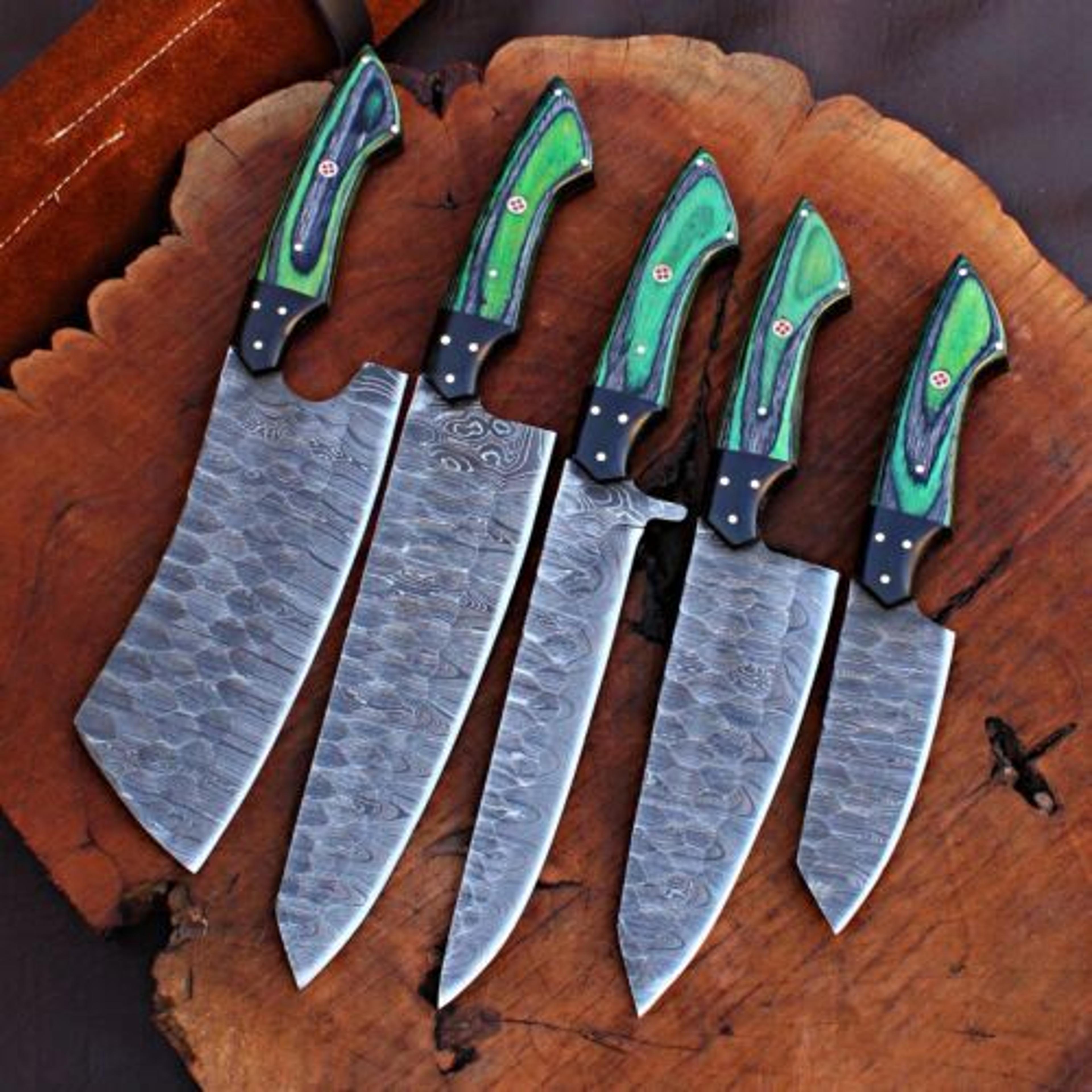 handmade damascus steel chef knives kitchen set with leather bag | full tang blades