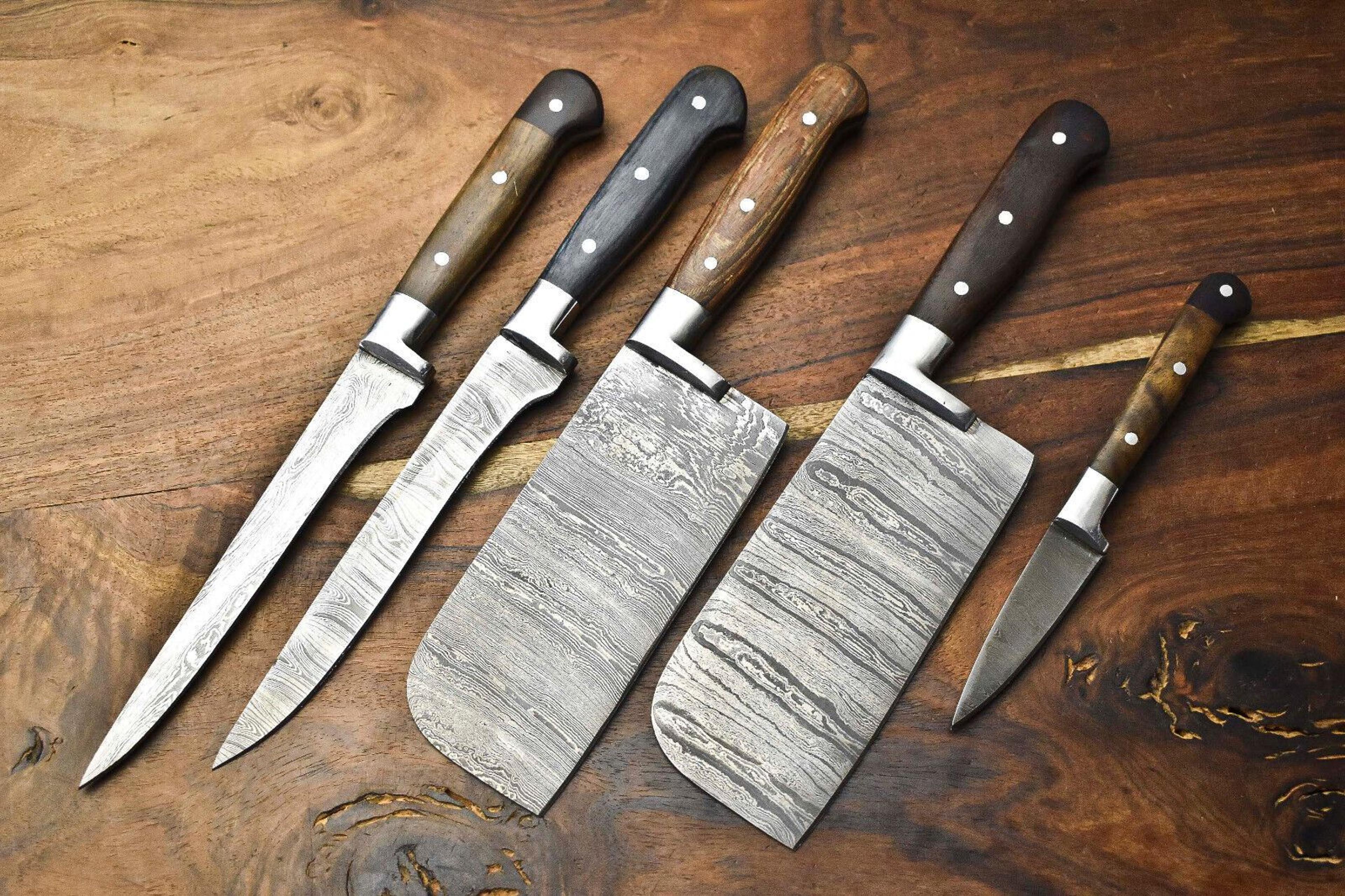 custom hand-forged damascus 5pc knife set – perfect chef tools with natural wood handles