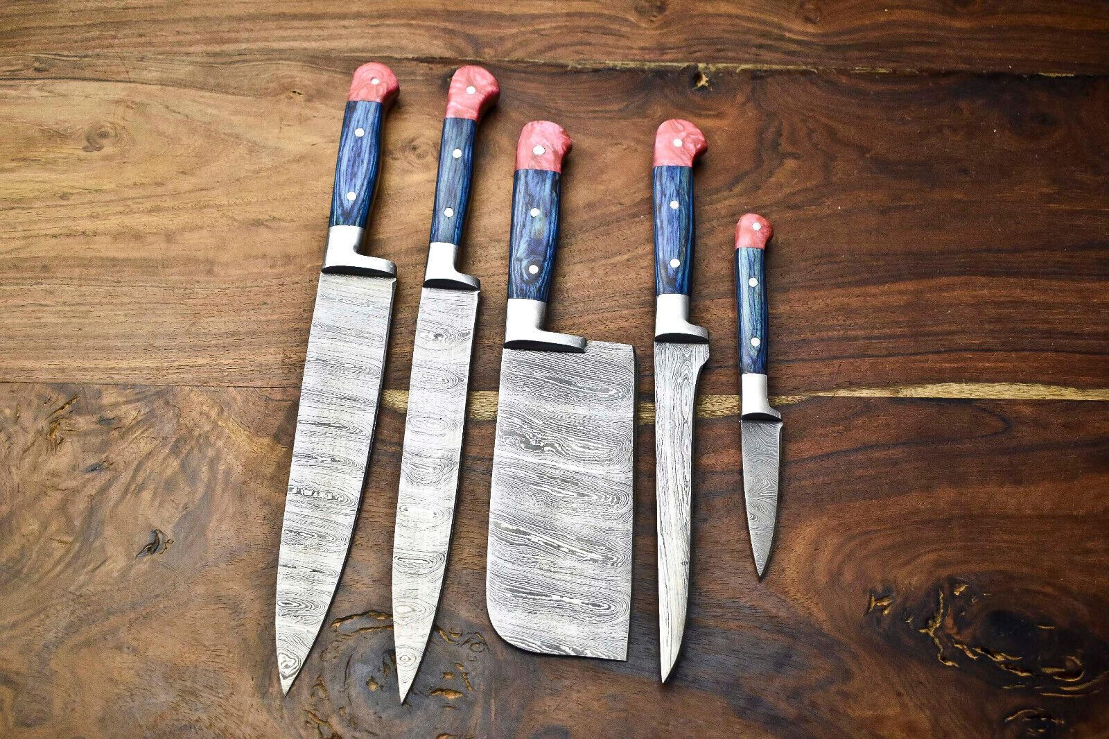 5 piece damascus kitchen knife collection – professional cooking set, chef gift, handmade