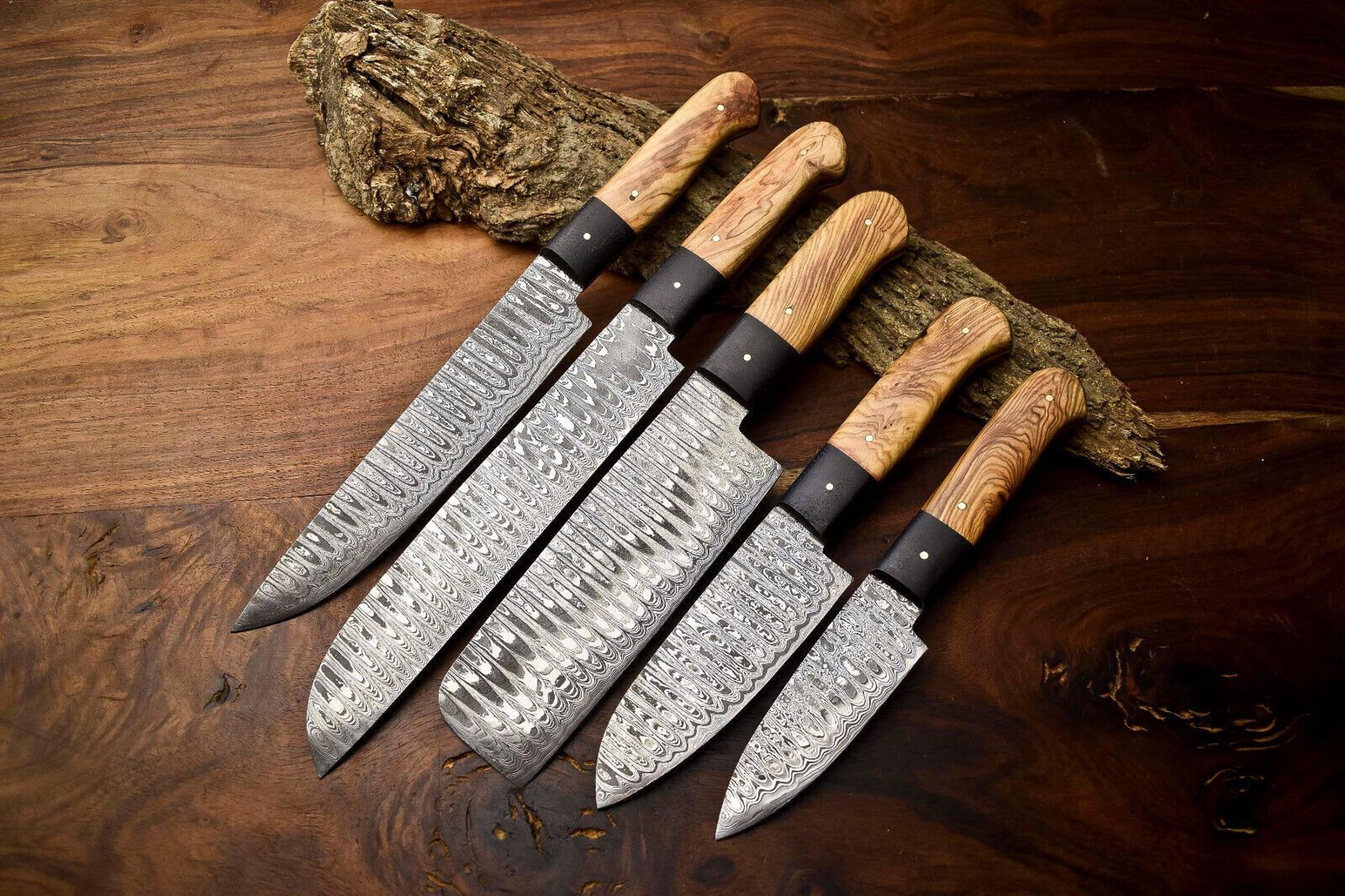 custom 5 handmade hammered damascus steel chef knives set | 10"-13" full tang blades