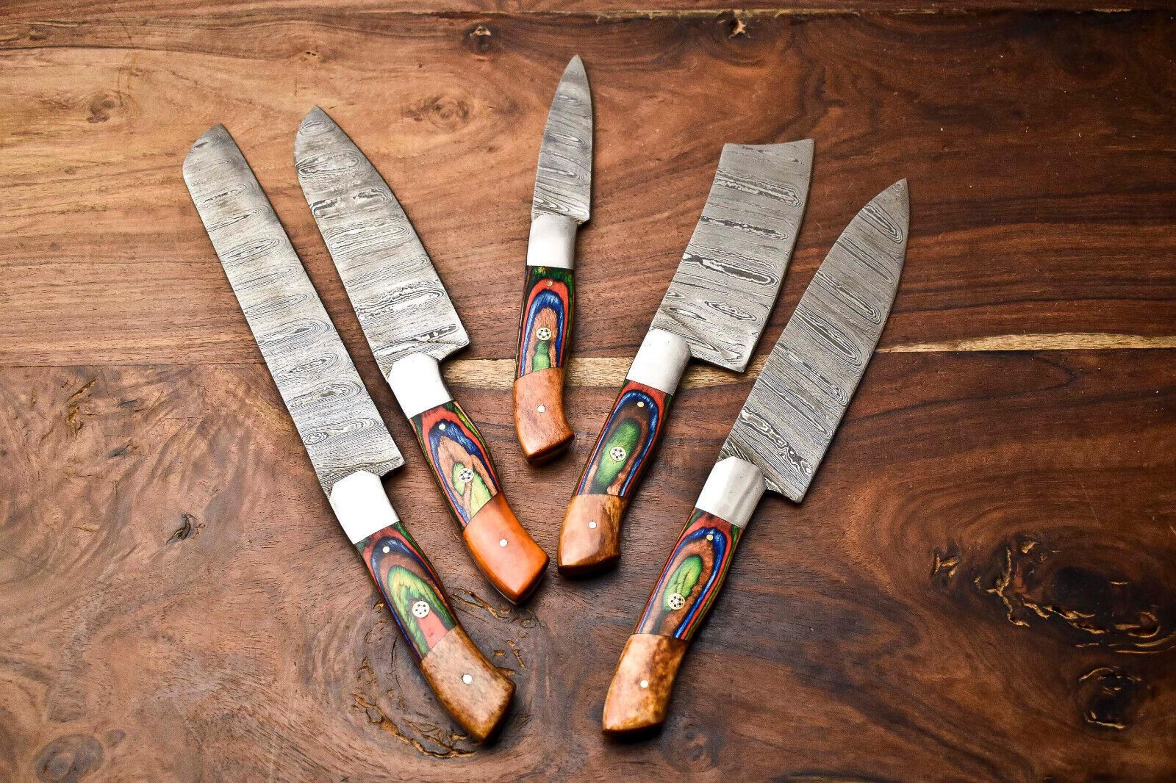handmade damascus chef knife set of 5 – beautiful steel pattern, sturdy wooden handle