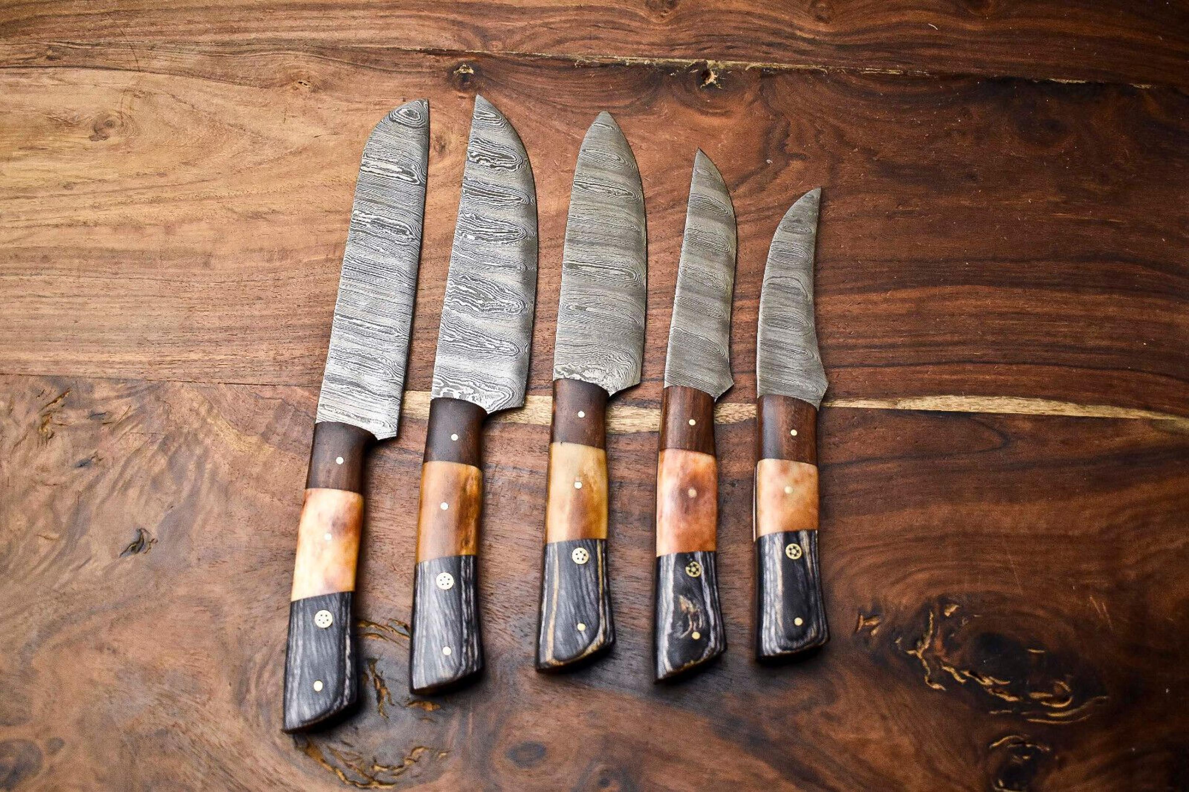 damascus steel 5 piece kitchen knife set – handmade chef knives for professional and home use