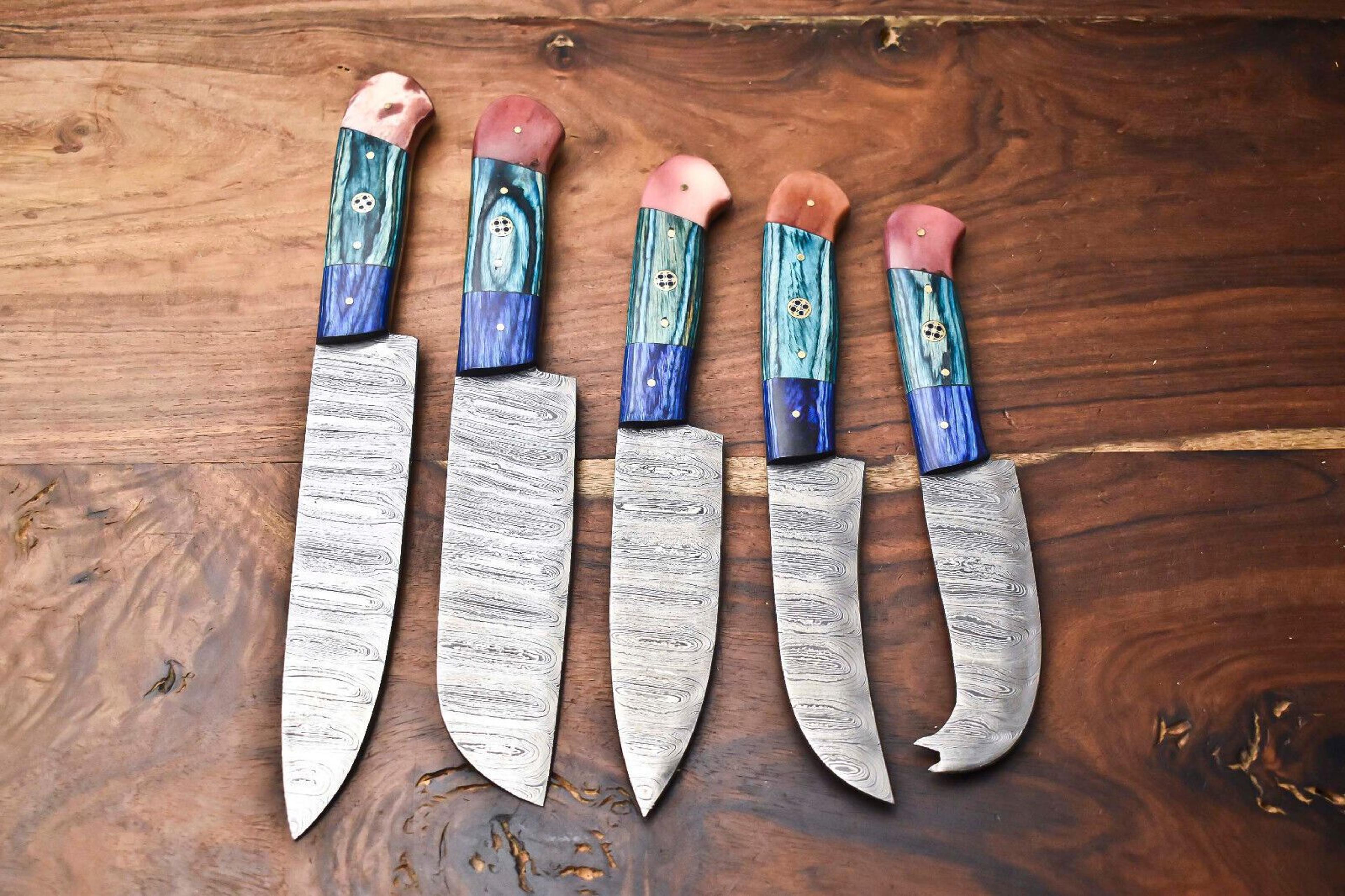 exclusive handmade 5pc damascus kitchen knife set – premium blades, rosewood handles