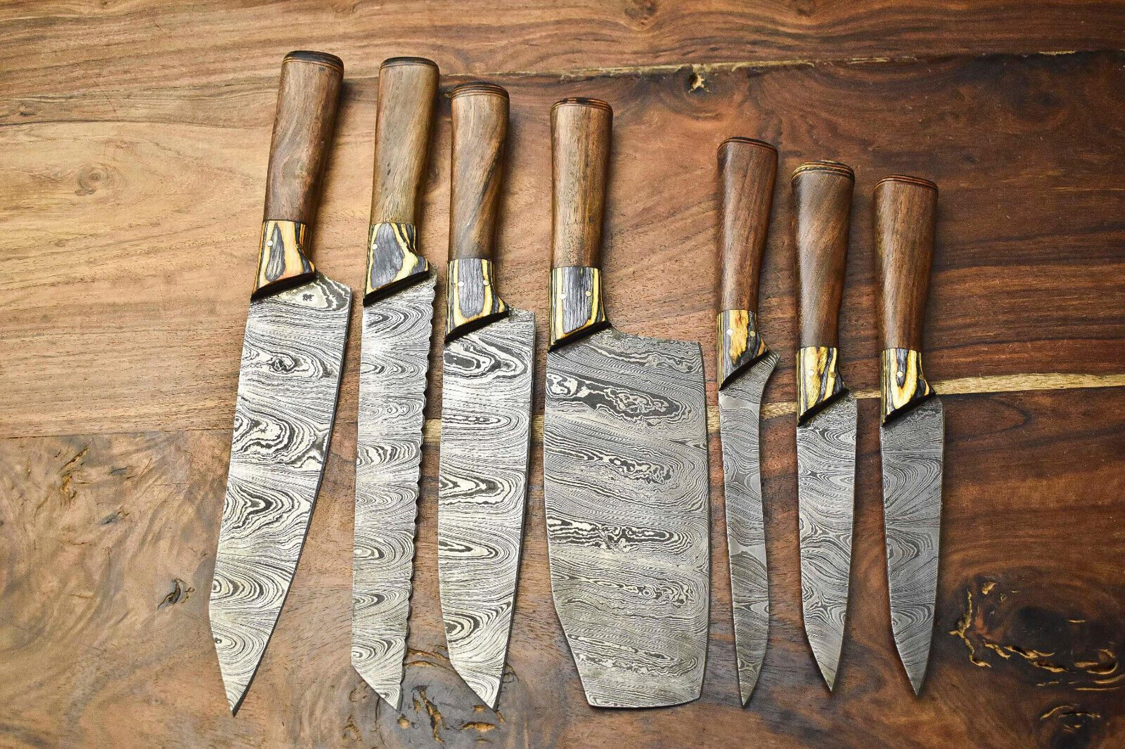 7-piece handmade damascus steel chef knife set – professional kitchen knives with leather roll & wooden handles