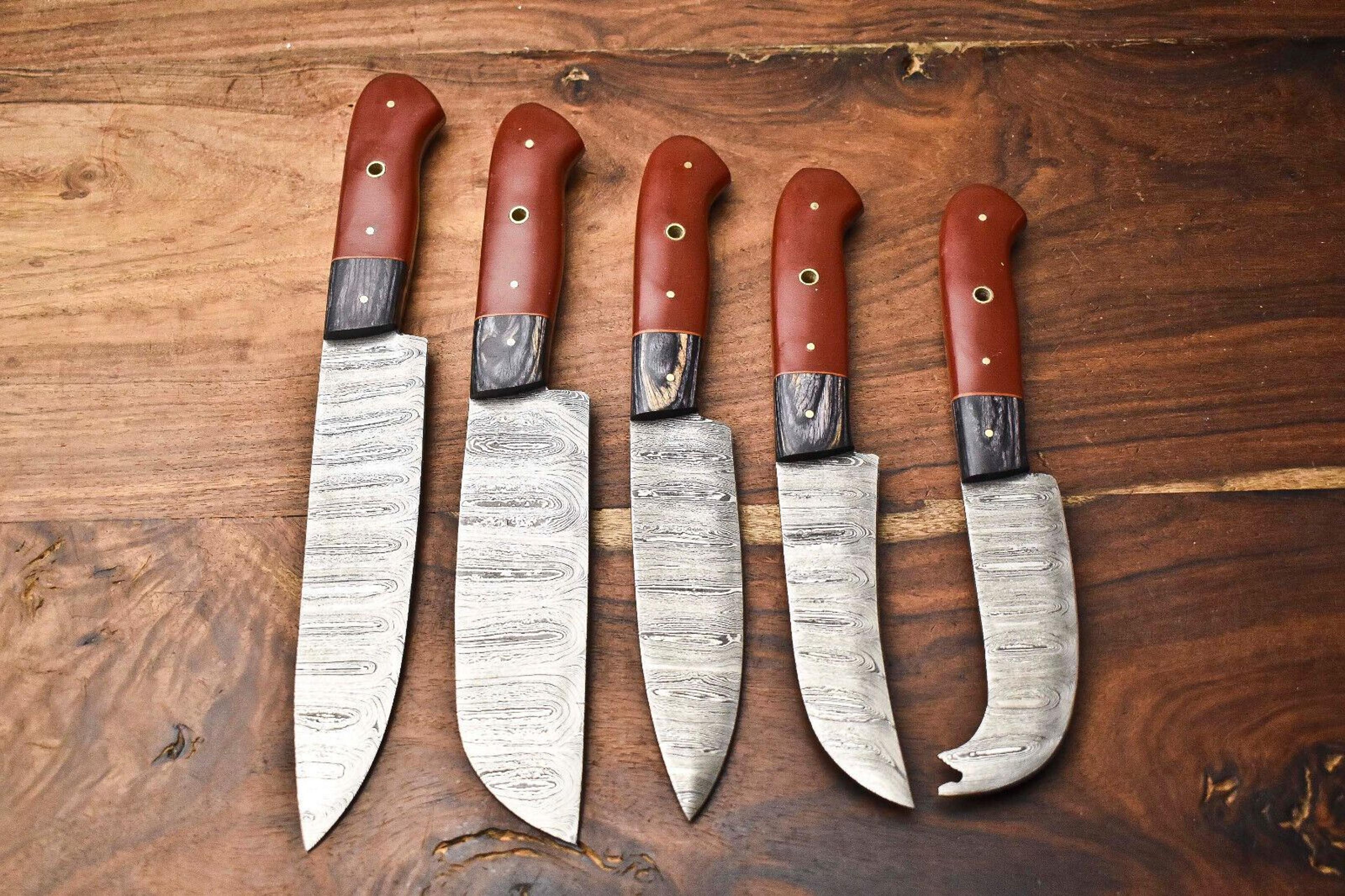 custom handmade 5 piece damascus steel kitchen knife set – beautiful pattern, razor sharp blades