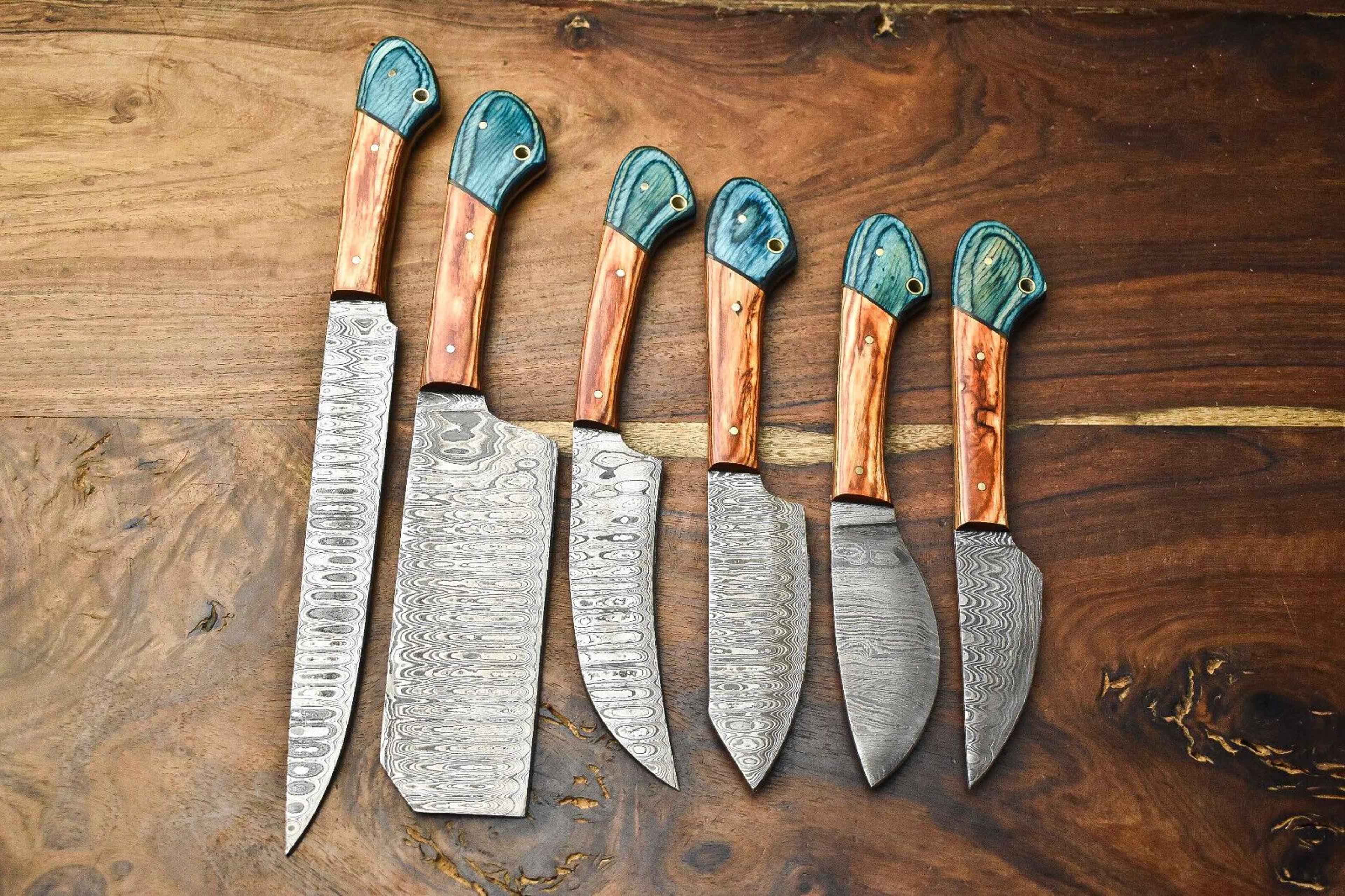 professional 6 piece damascus steel knife set – full tang chef knives, elegant wood handle