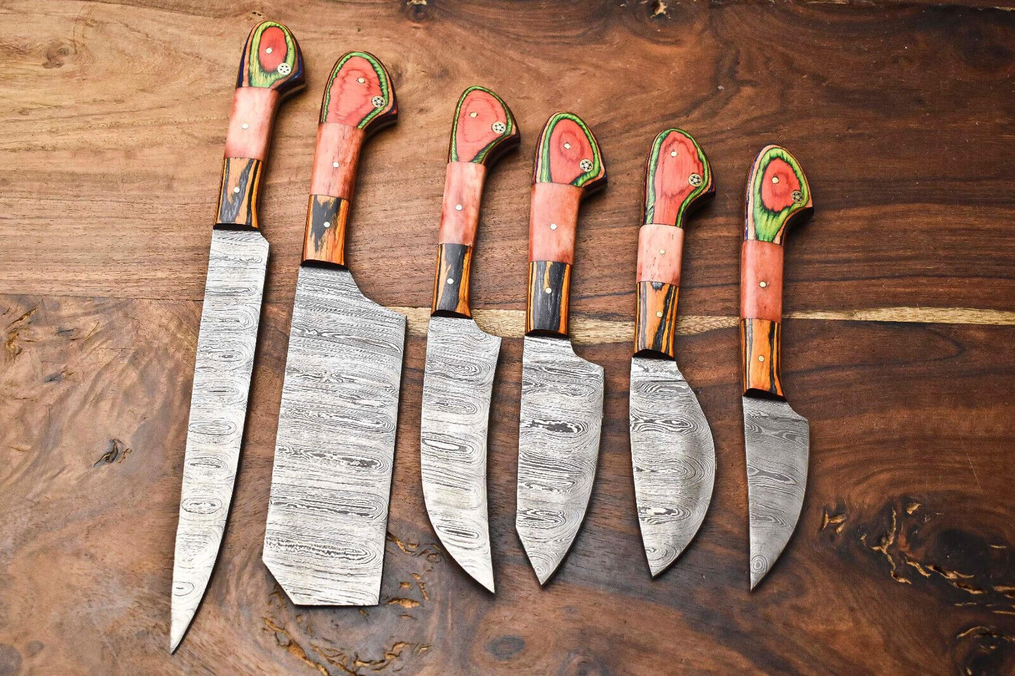 custom handmade 6 piece damascus steel kitchen knife set – razor sharp blades, unique pattern