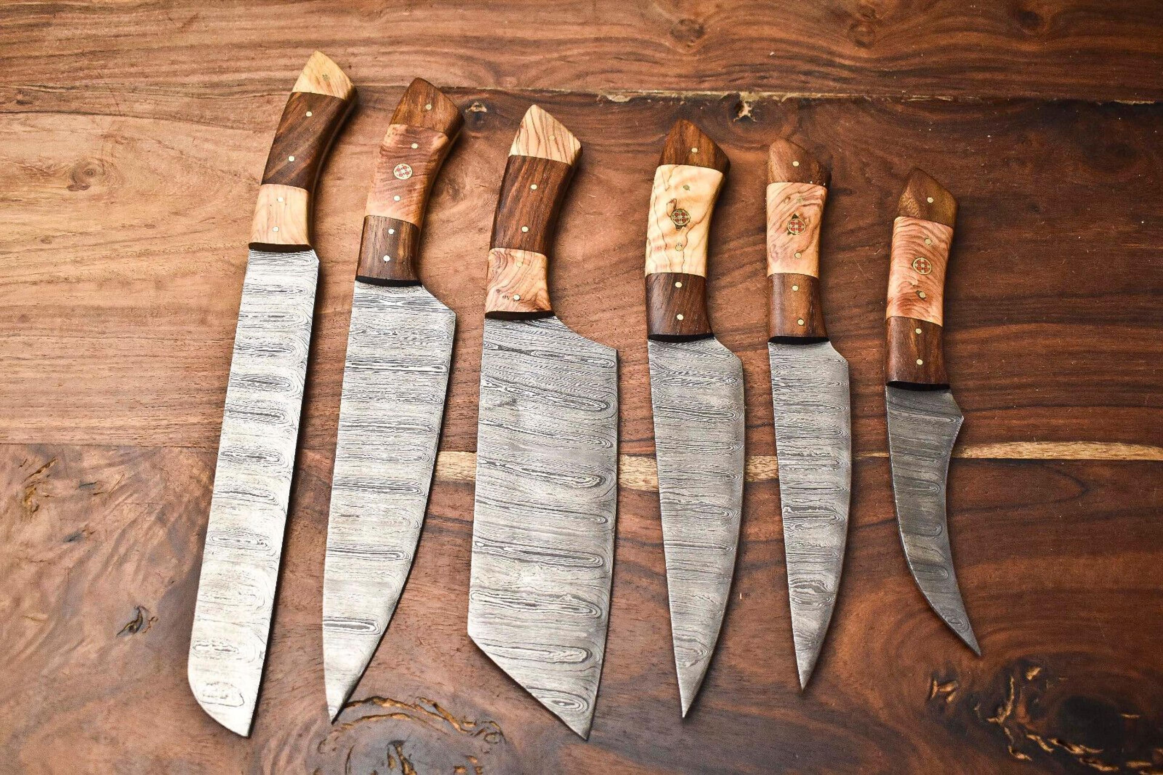 custom 6-piece handmade damascus steel chef knife set | hammered full tang blades