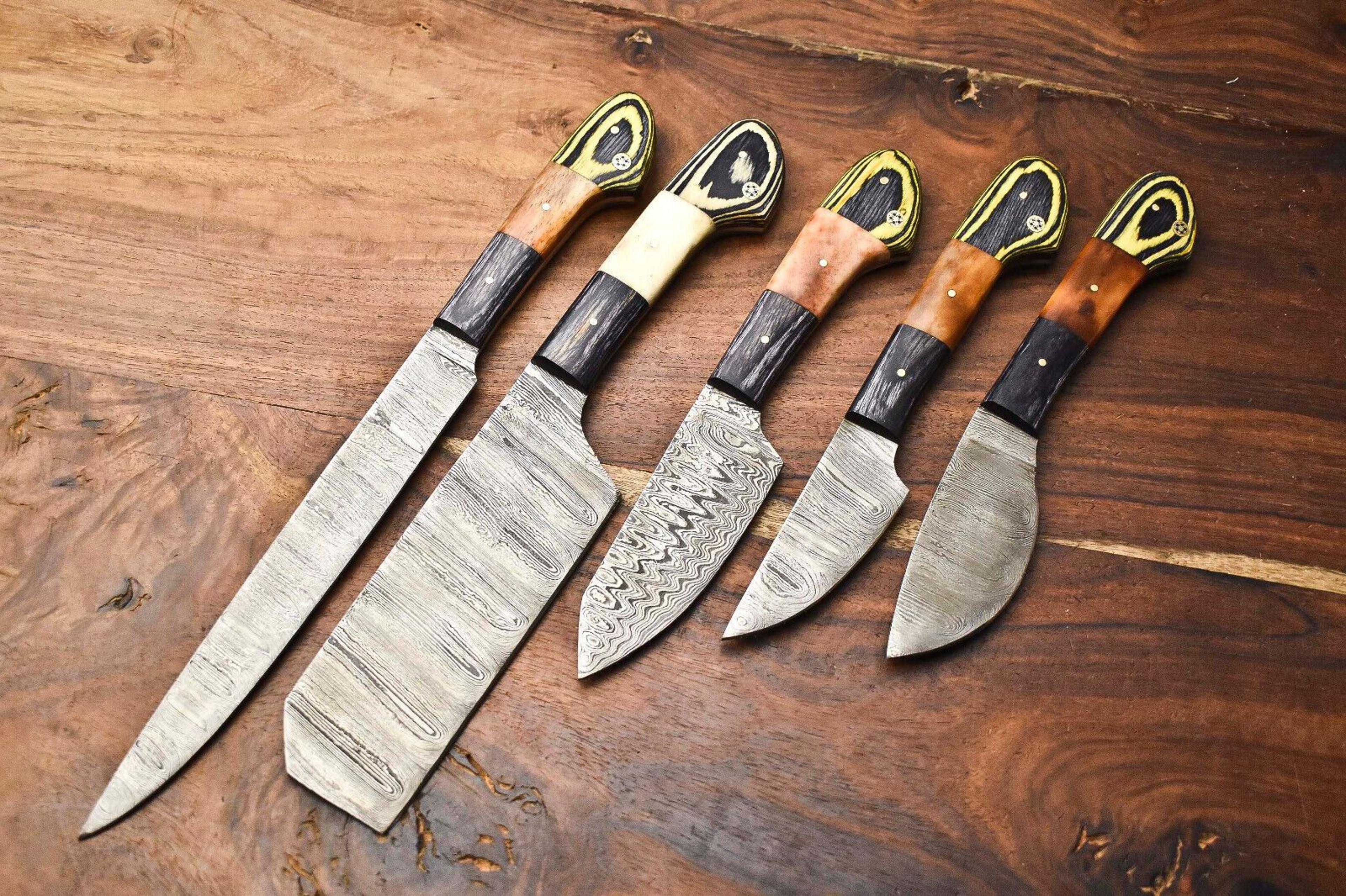 custom handmade hammered damascus steel chef knives set | professional full tang kitchen blades