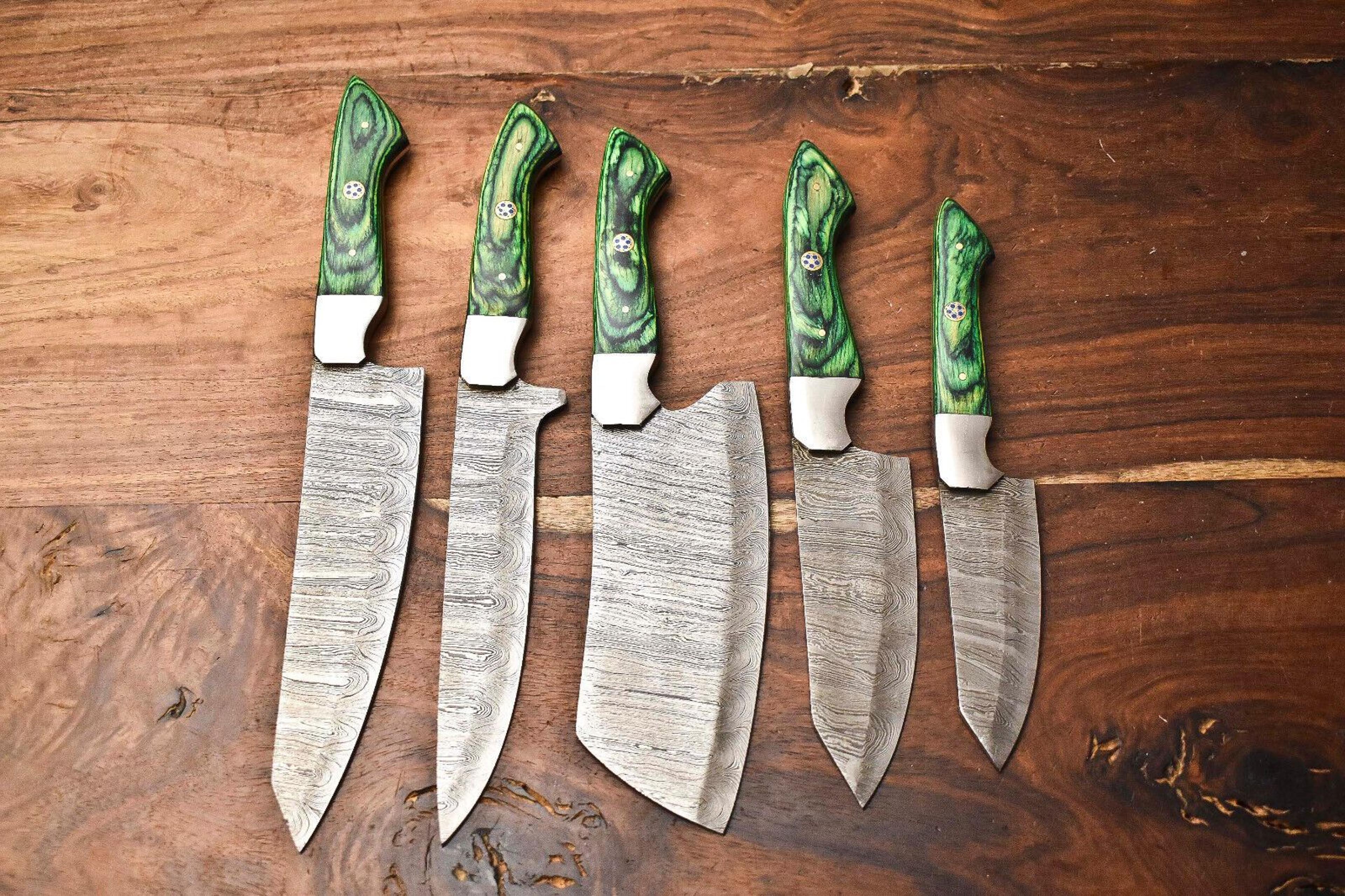 5 handmade hammered damascus steel knives | custom chef set with unique blades