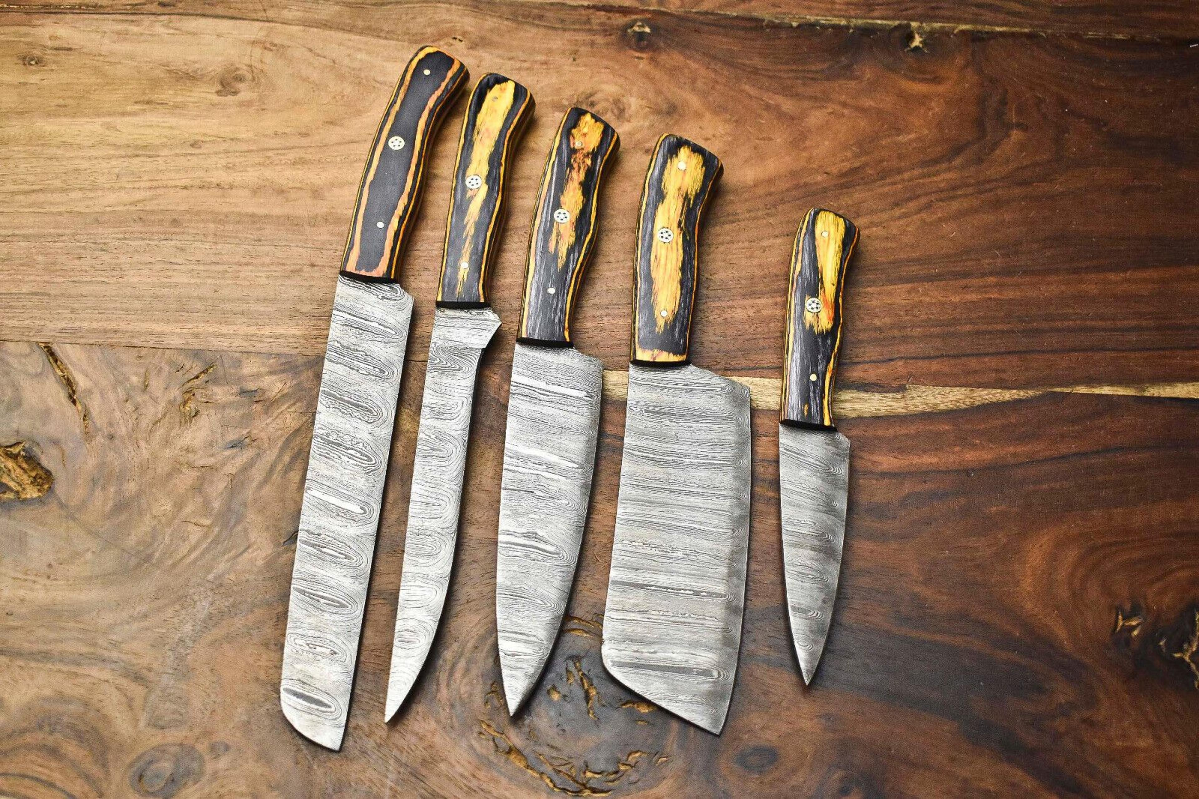 custom 5 handmade damascus steel chef knives | hammered full tang kitchen set