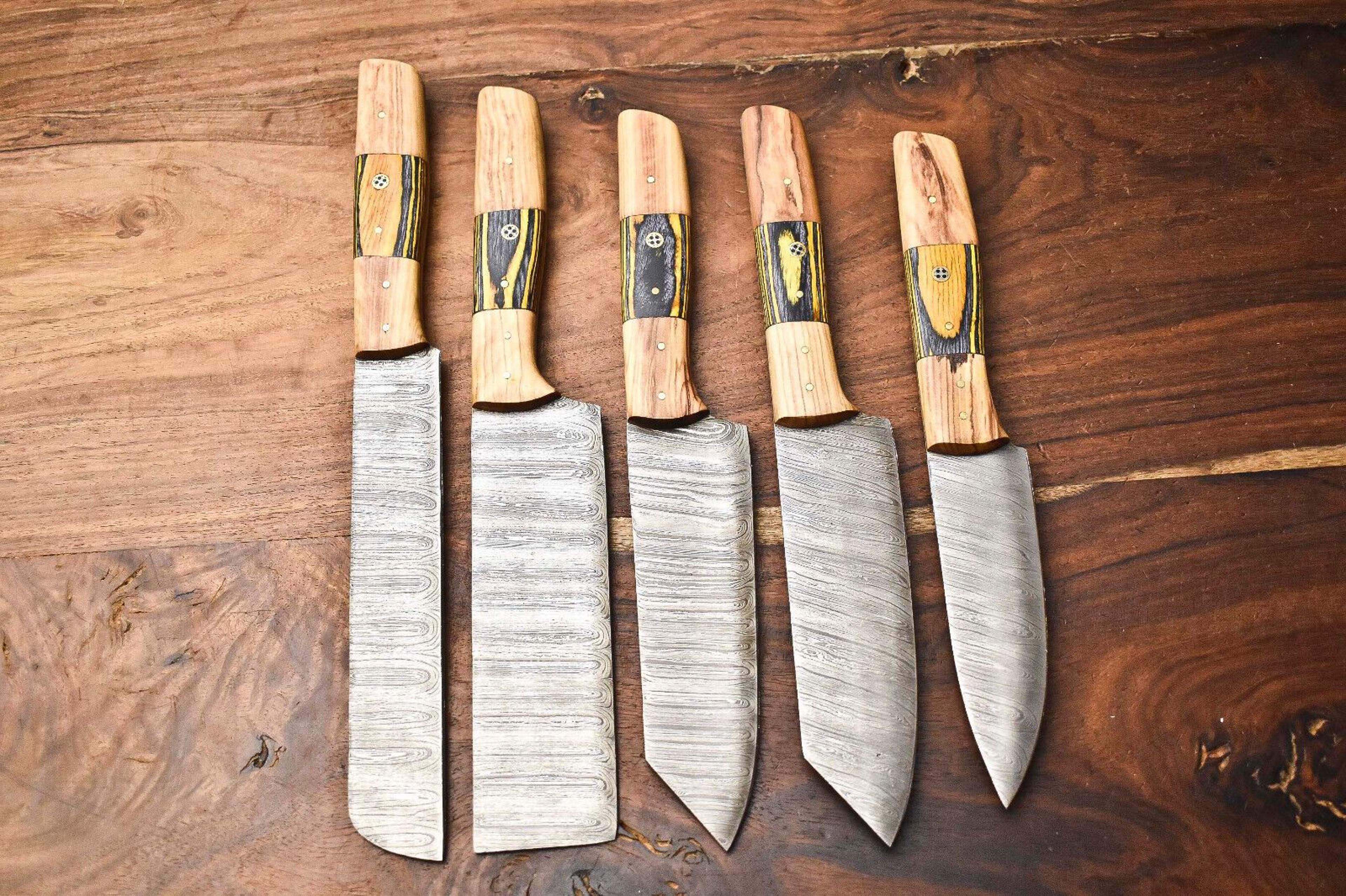 custom 5 handmade hammered damascus steel blade chef knife set – professional handmade kitchen knives