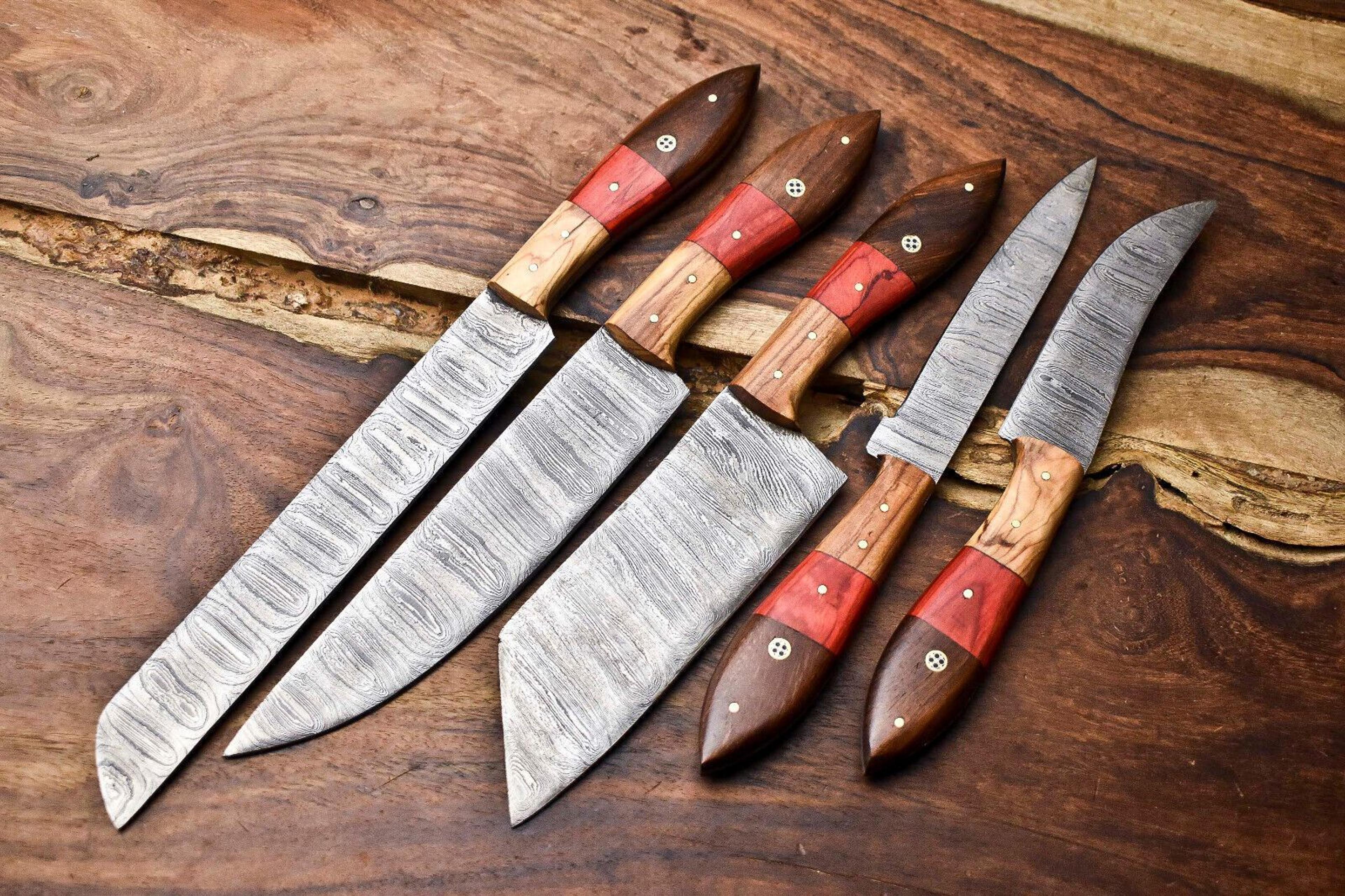 custom 5 handmade hammered damascus steel blade chef knife set – professional handmade knives