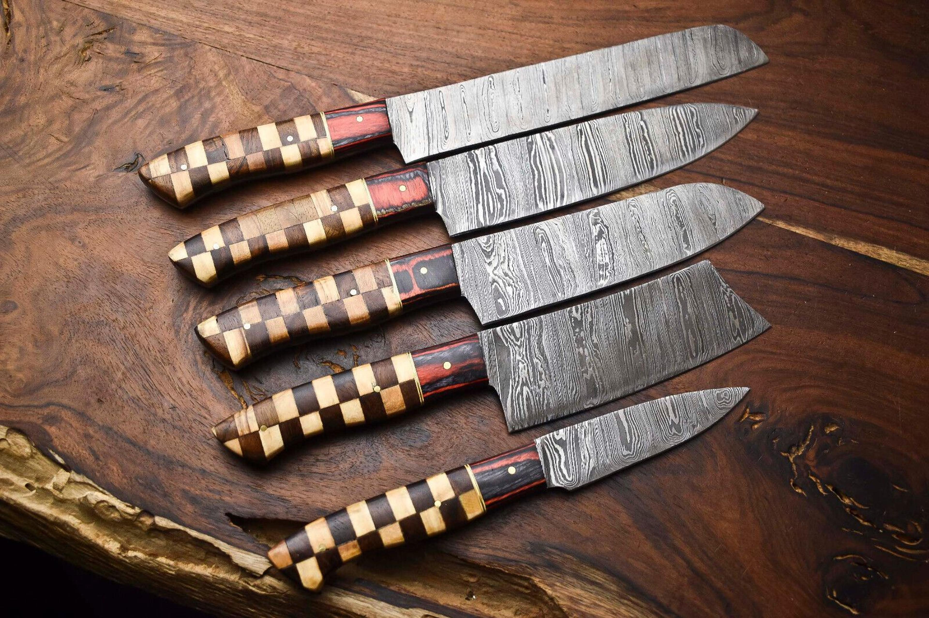 premium 5-piece handmade damascus steel chef knives | full tang hammered