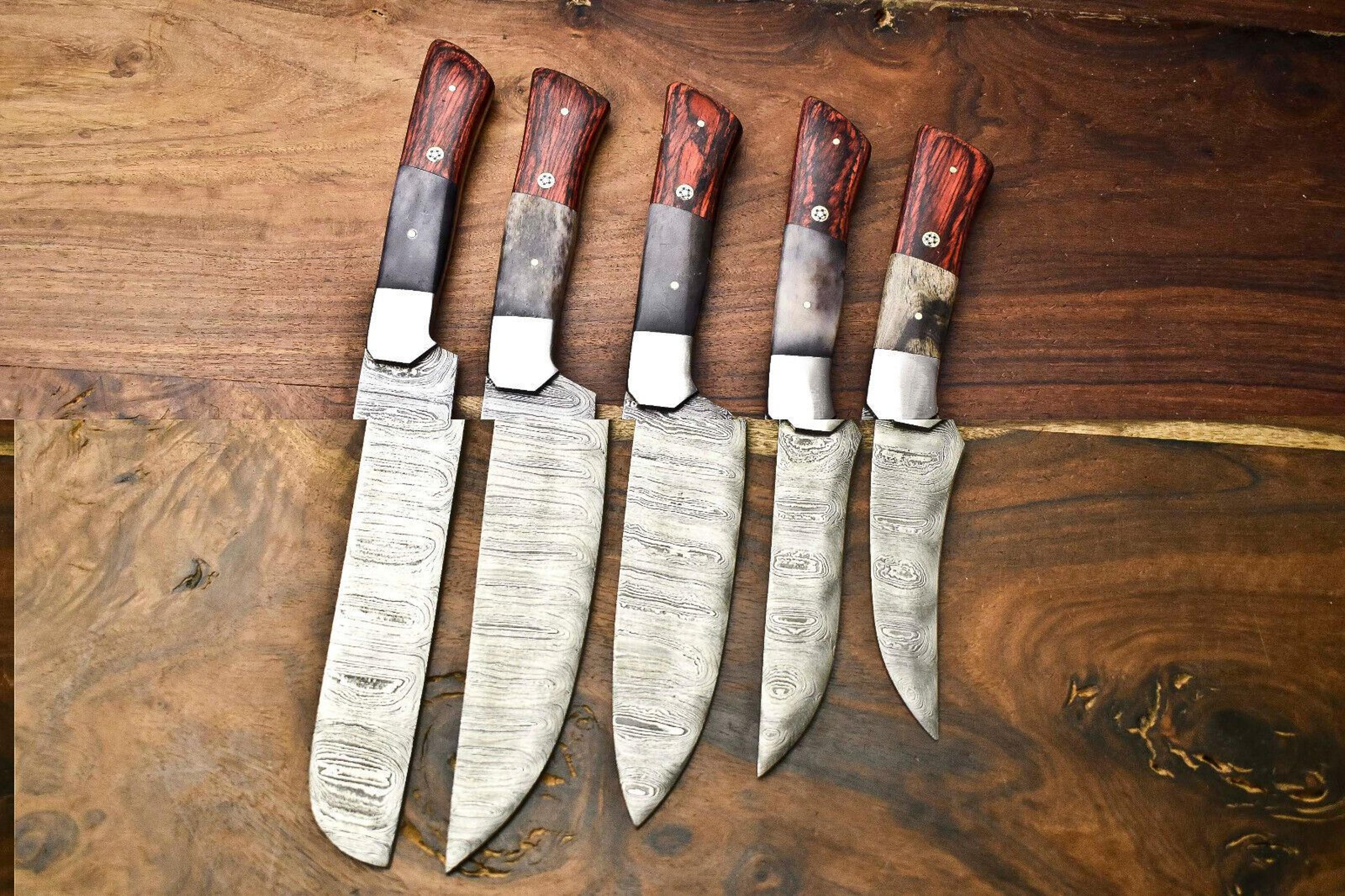 hand forged damascus steel chef knife set – lot of 5 handmade hammered kitchen knives with razor sharp blades