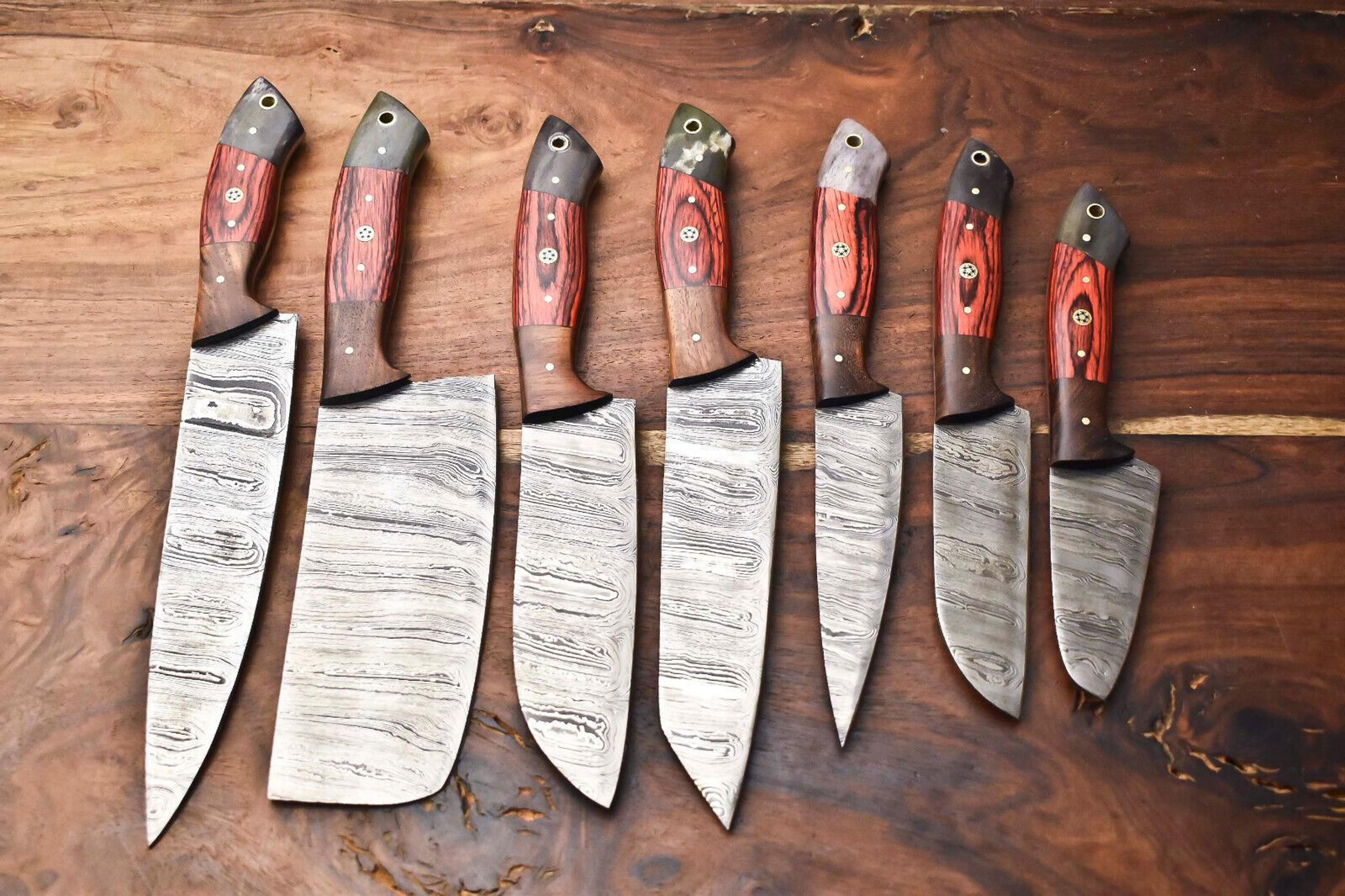 custom 7 handmade hammered damascus steel chef knife set – professional 7-piece kitchen knives