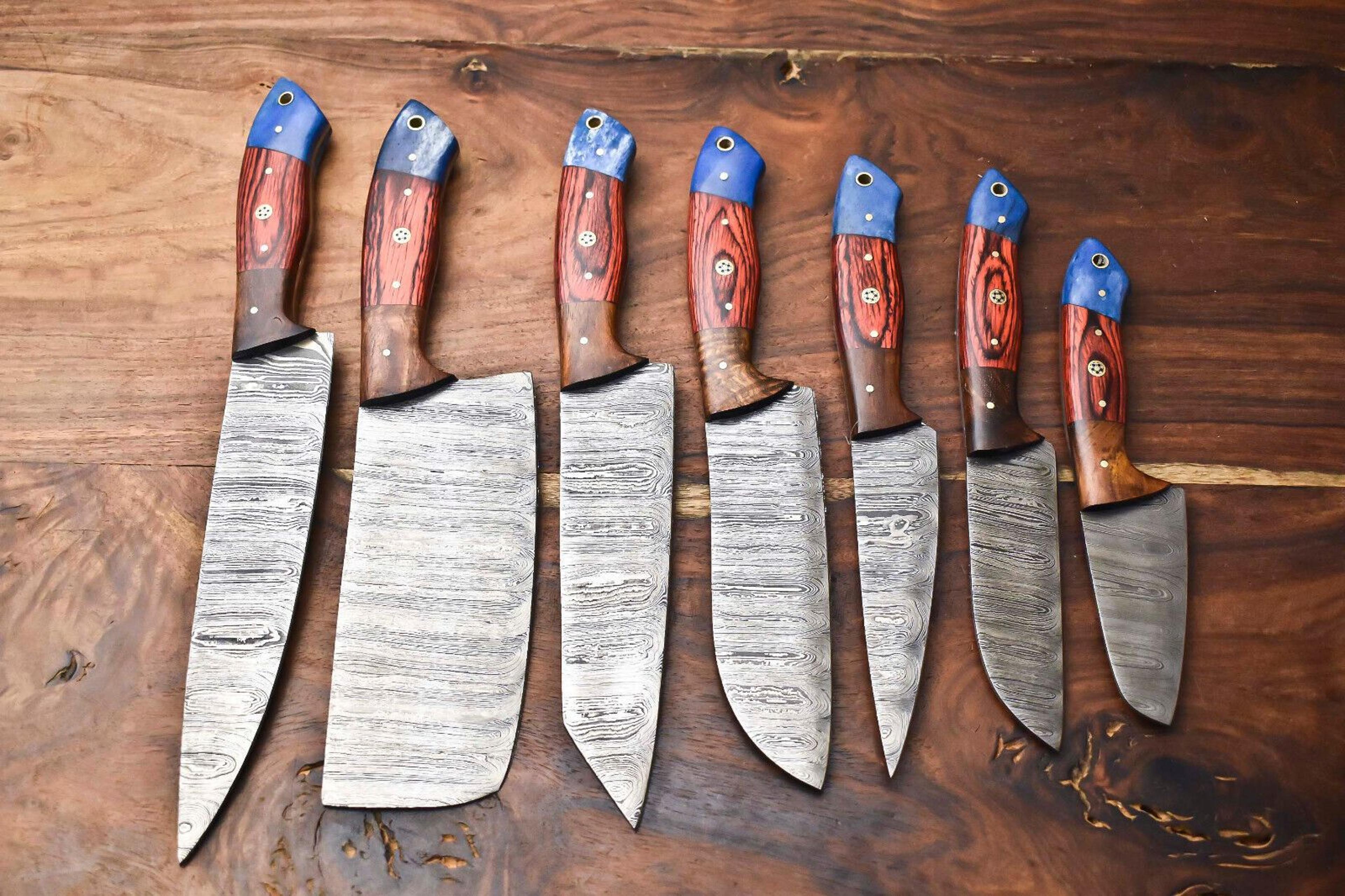custom 7 handmade hammered damascus steel chef knife set – professional 7 knives