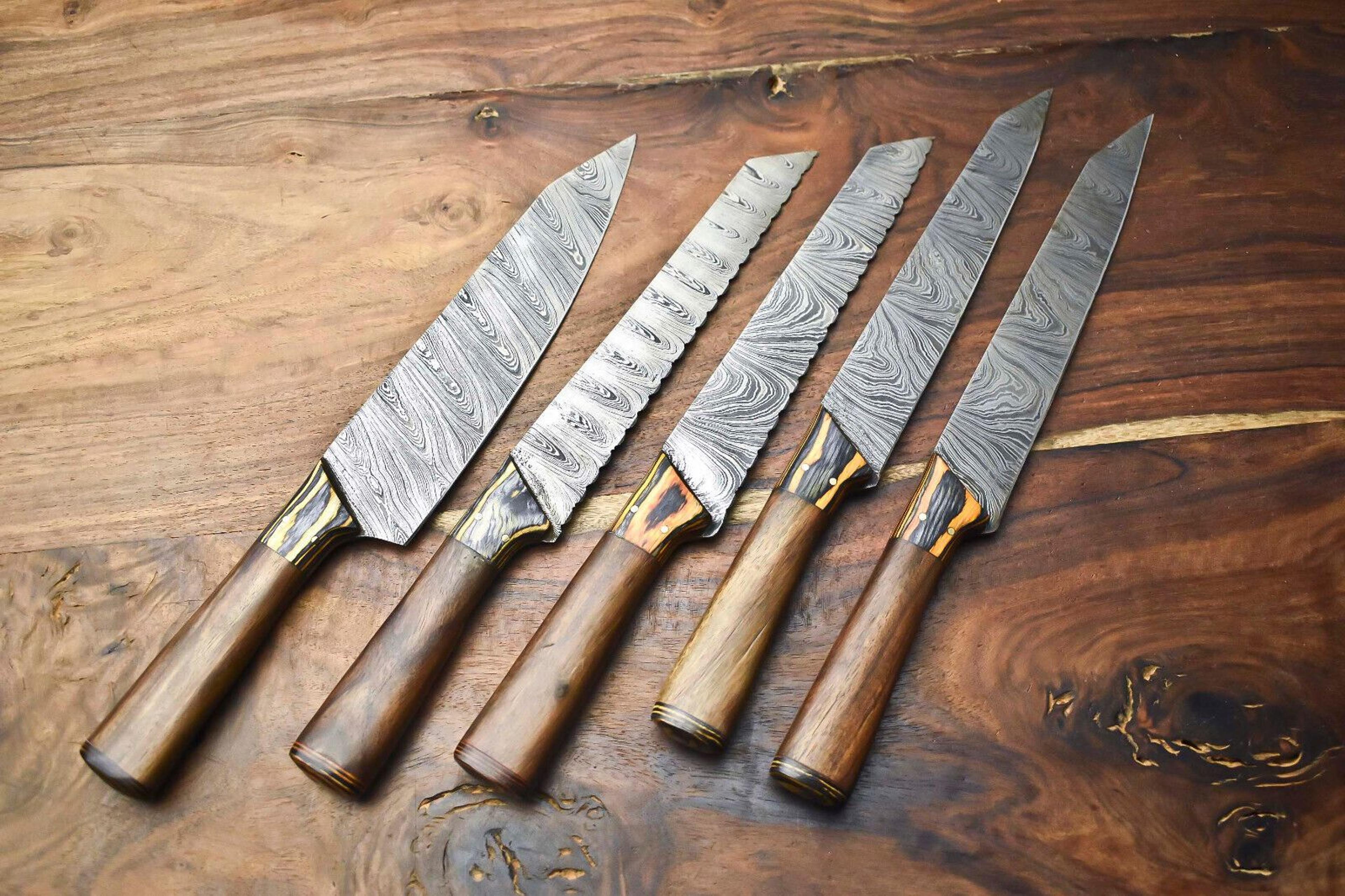 luxury handmade damascus steel chef knife set – custom 5-piece kitchen blades