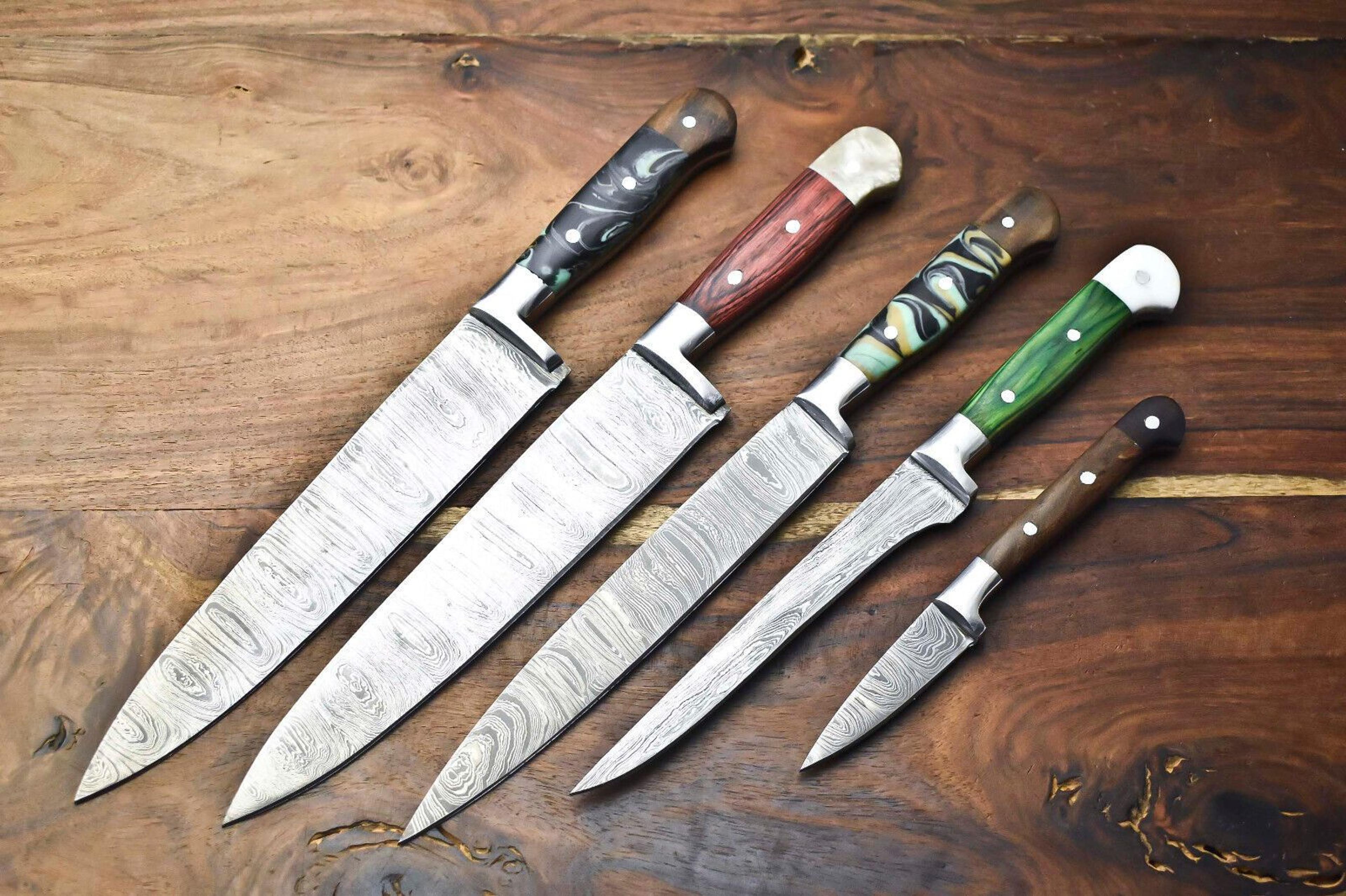 professional chef knife set – 5 handmade hammered damascus steel blades