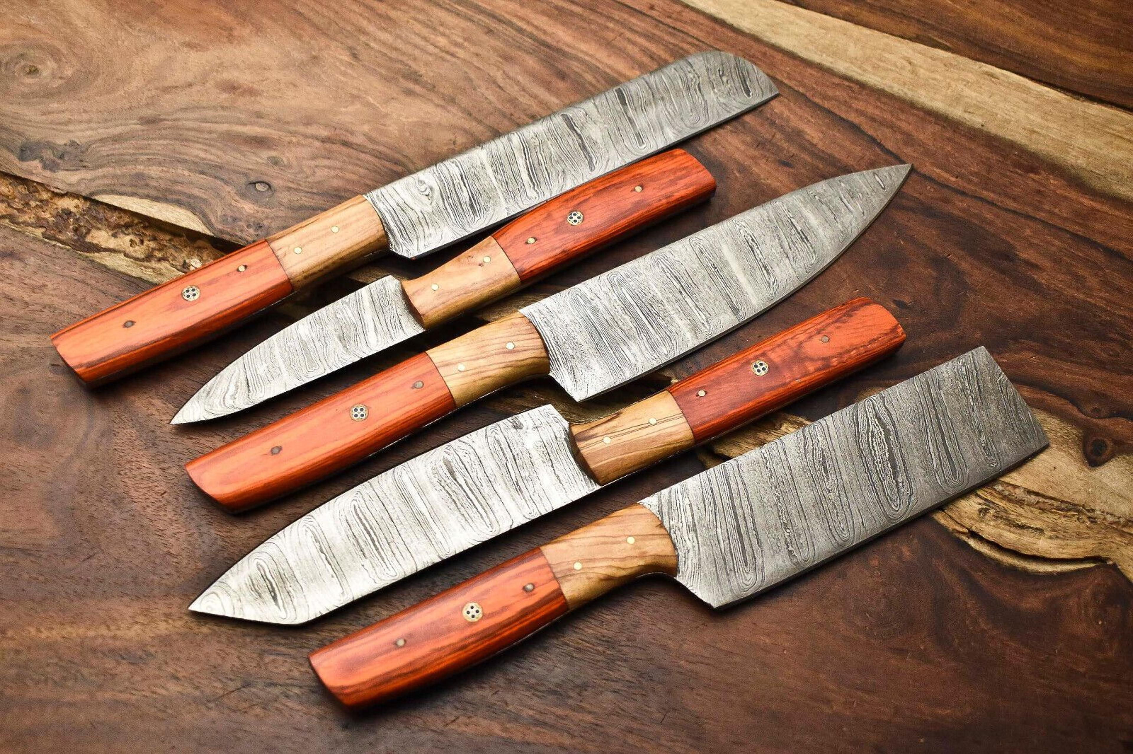 5 handmade damascus steel chef knife set with leather sheath – custom hammered kitchen knives