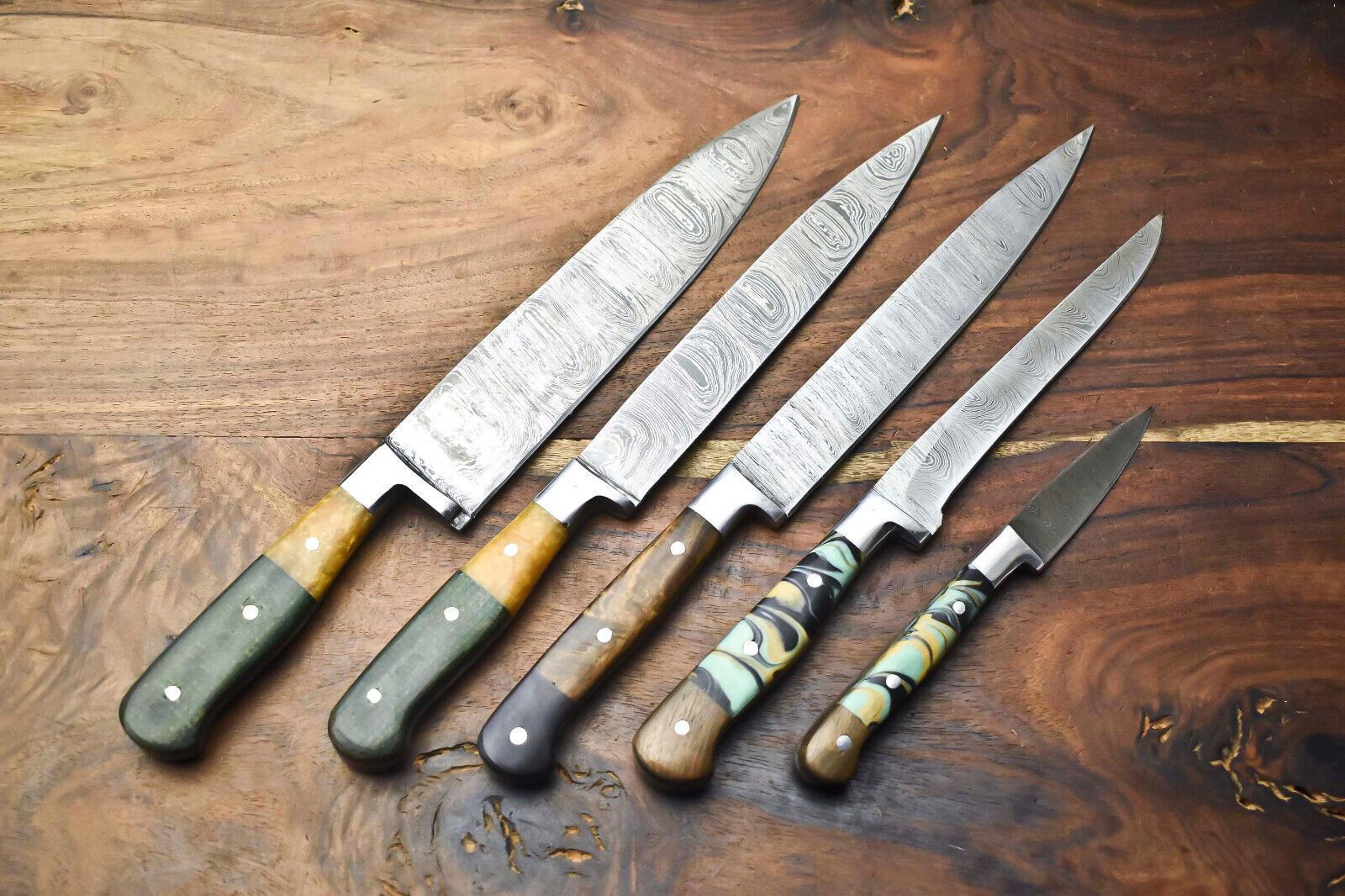 custom 5 handmade damascus steel chef knives – hammered kitchen knife set