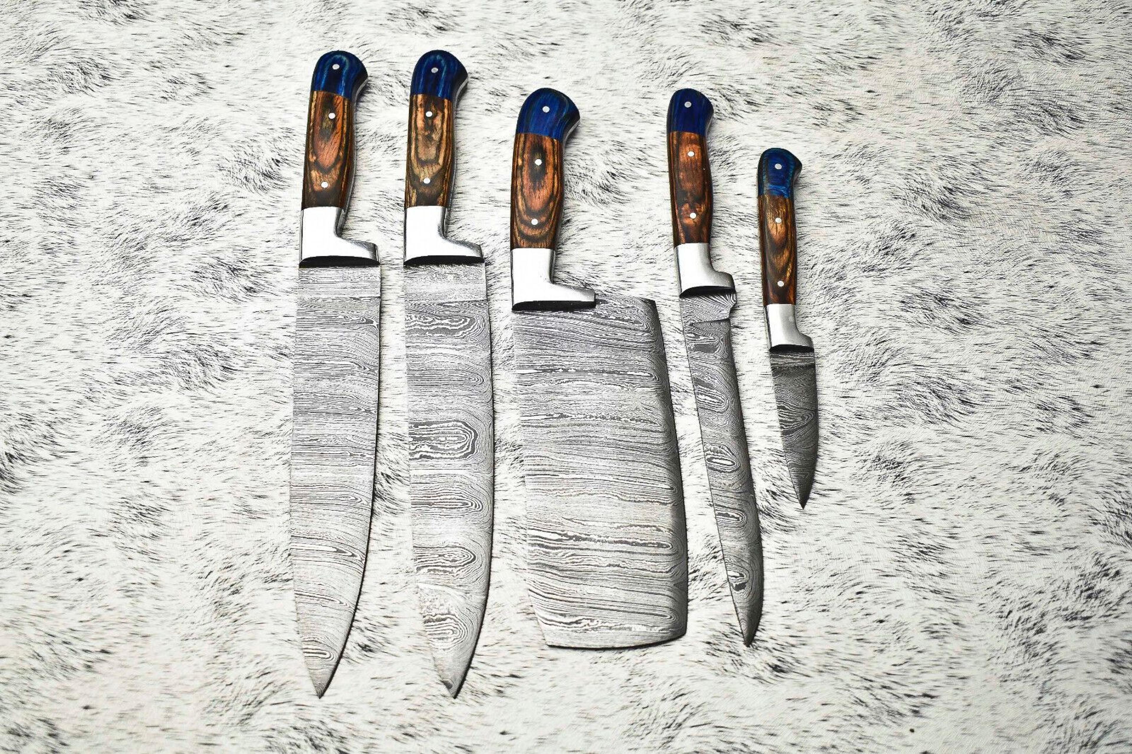 5 handmade damascus steel chef knife set | professional handmade kitchen knives with leather sheath