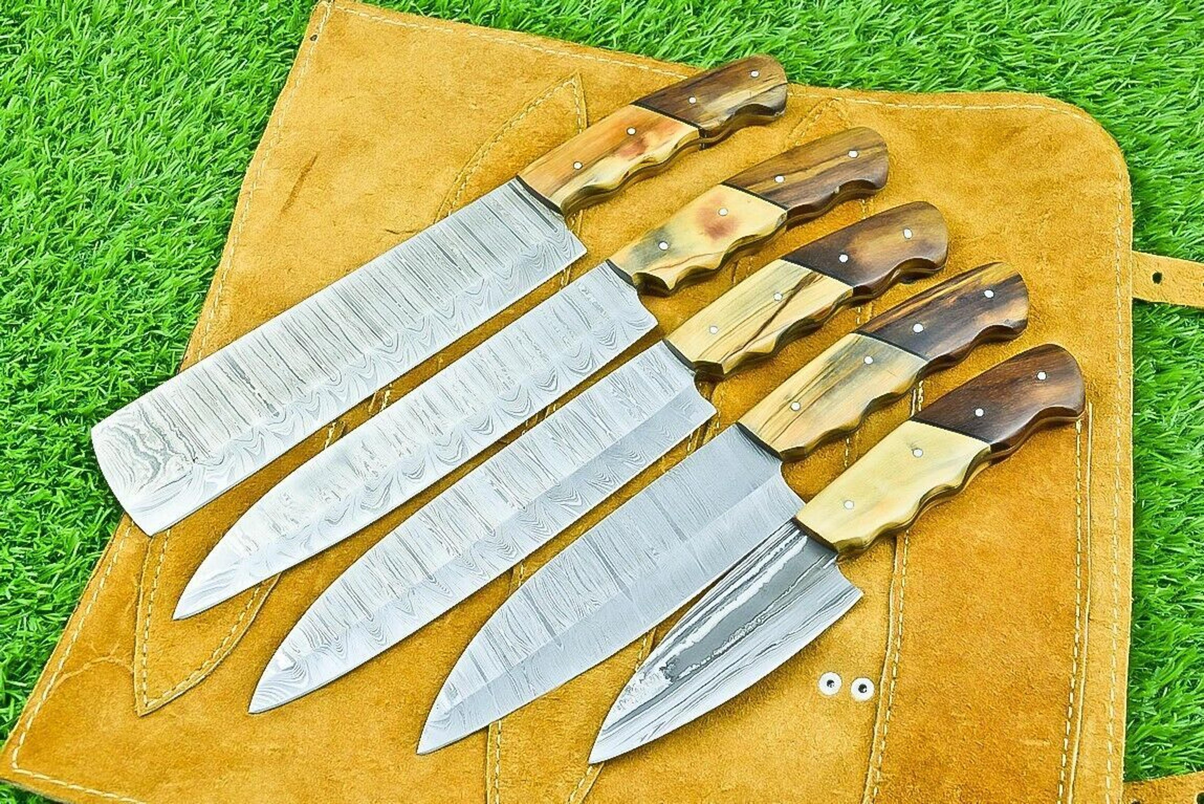 custom forged damascus steel chef knives – handmade set of 5
