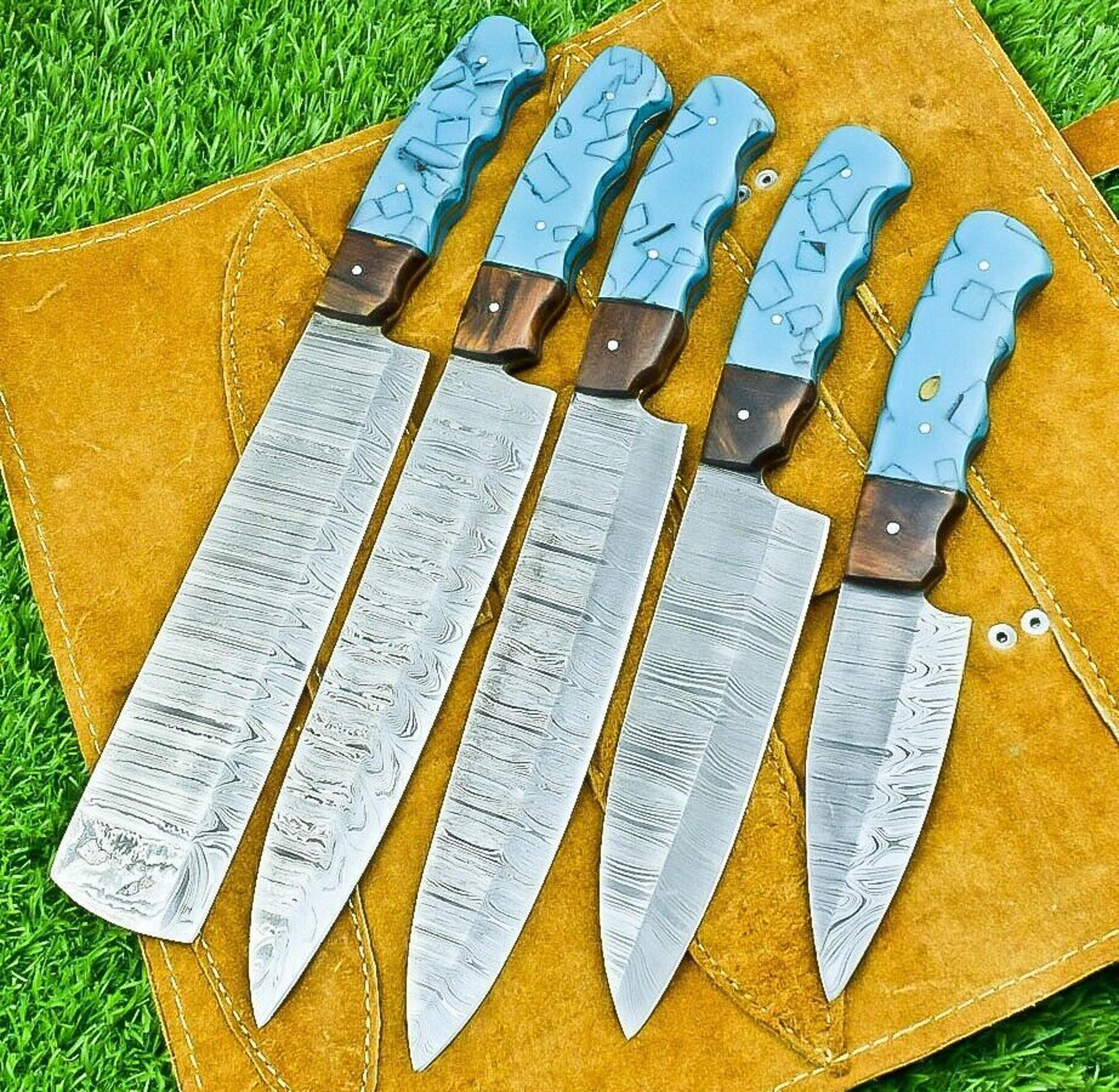 5 authentic damascus steel chef knives – handmade & forged