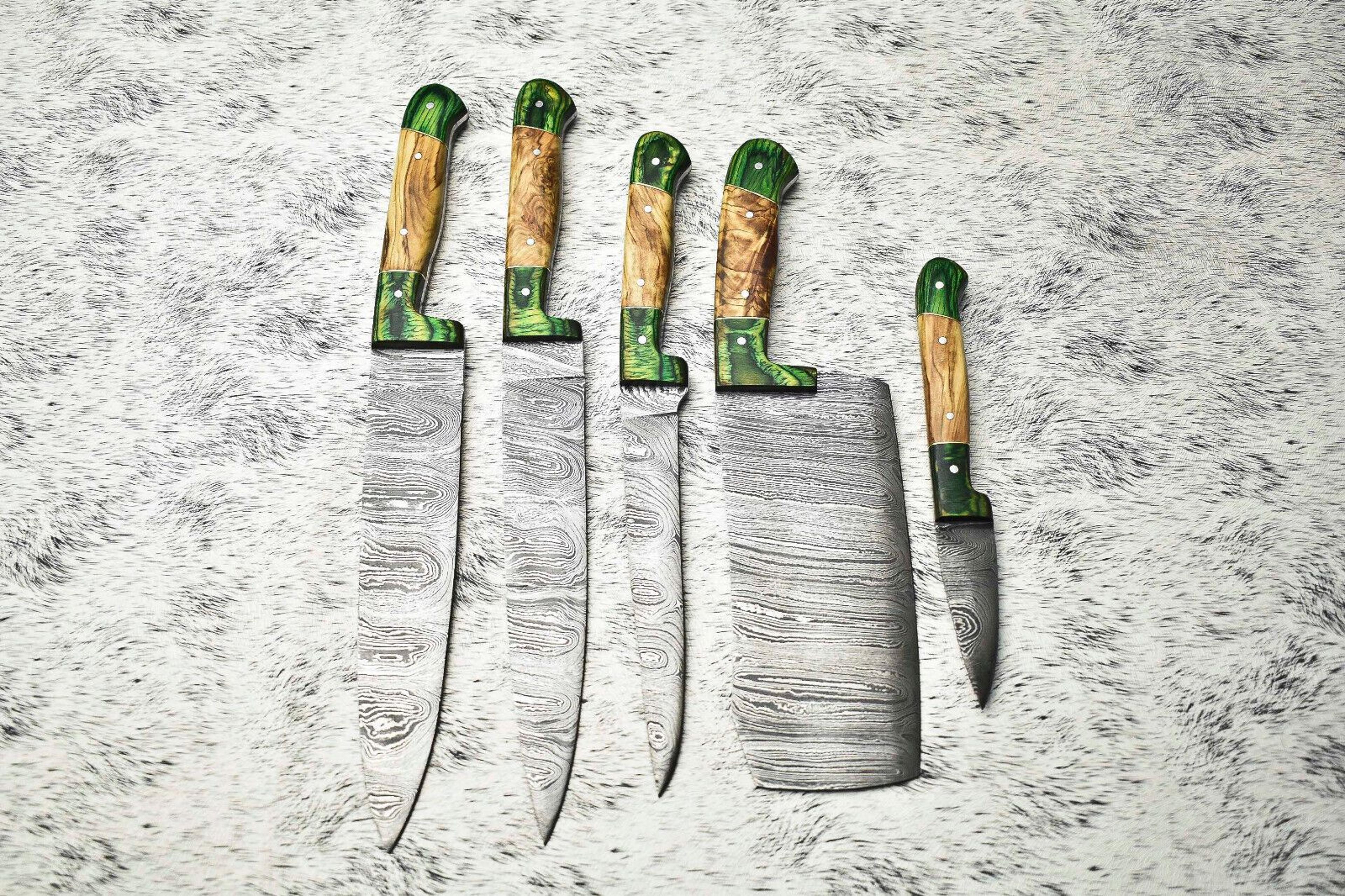 hand-forged 5 damascus steel chef knife set | custom handmade kitchen knives with leather sheath