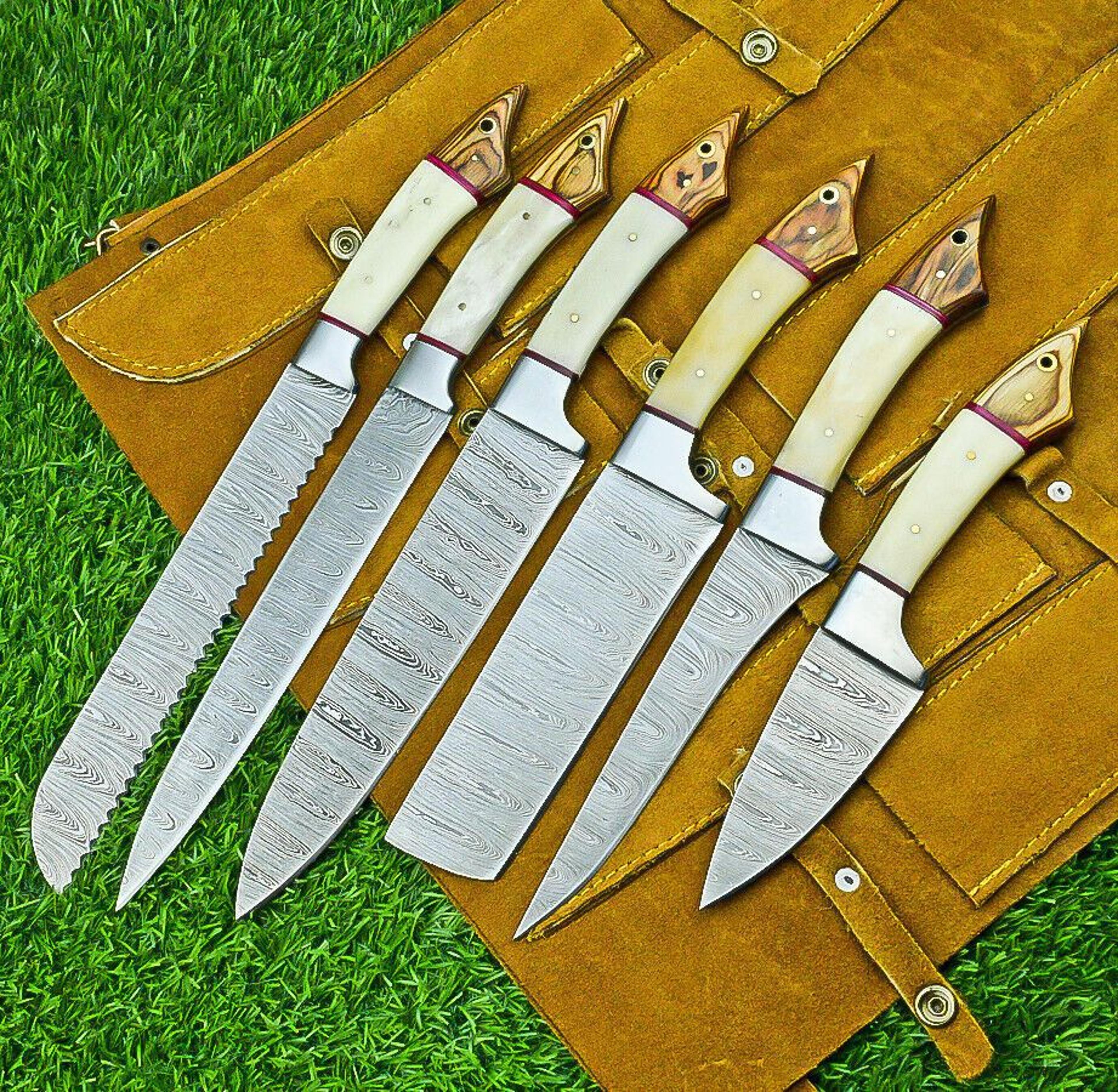 6 pcs handmade damascus steel chef knife set | professional kitchen knives with leather roll sheath